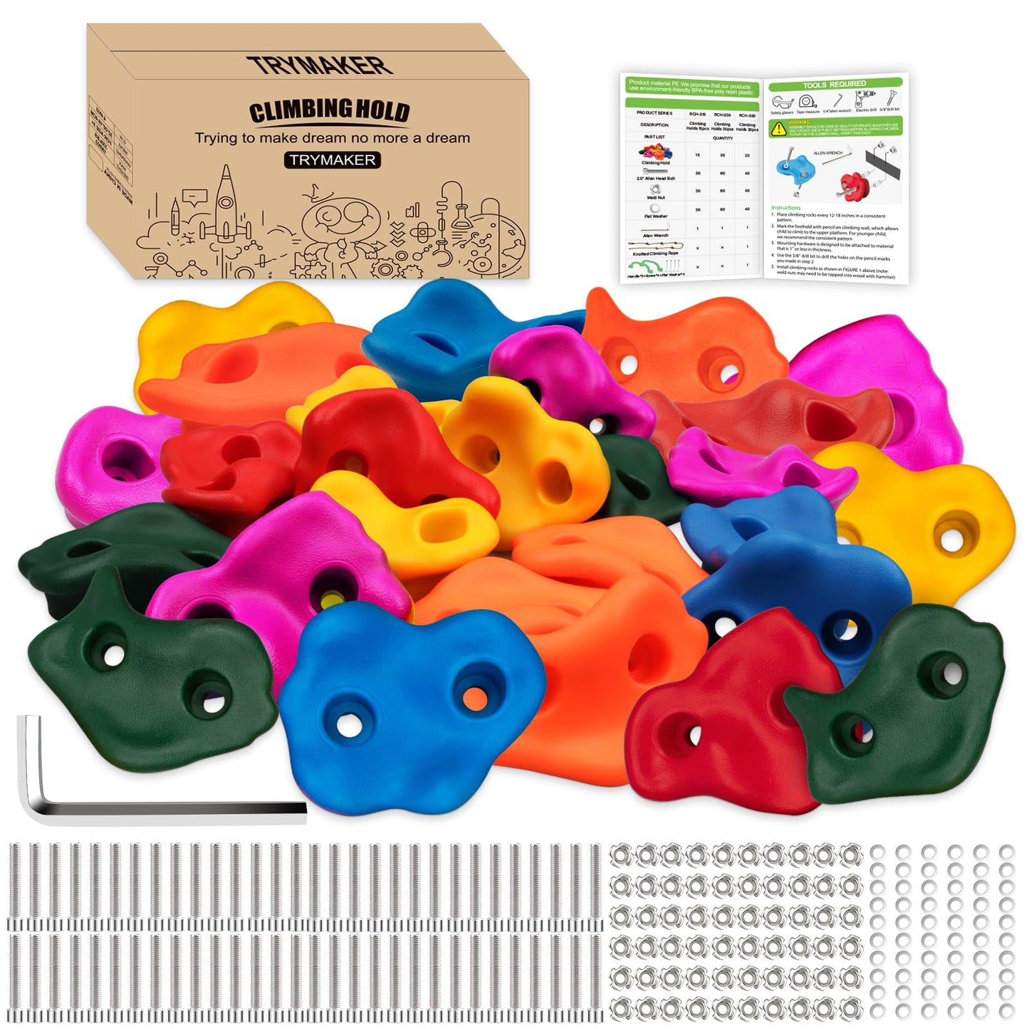 Trymaker Rock Climbing Holds – 30Pcs Set for Kids & Adults, Indoor & Outdoor