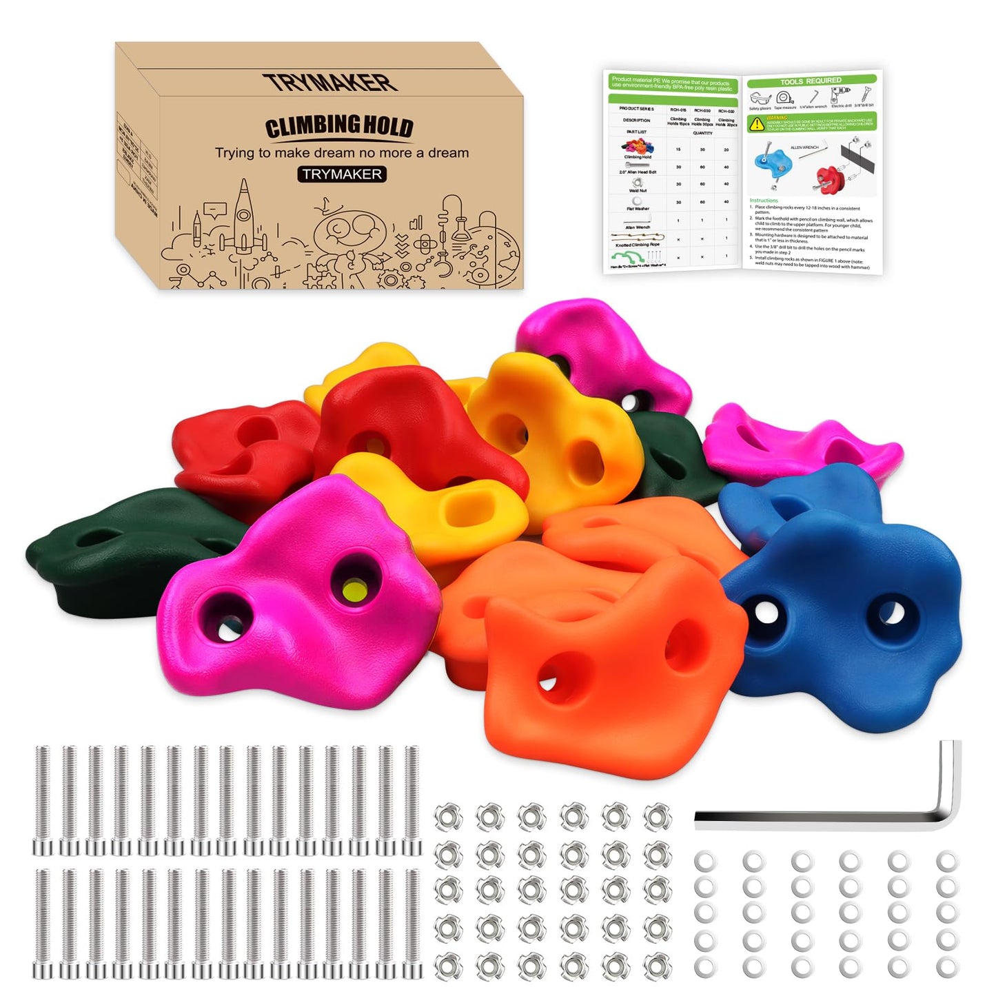 Trymaker Rock Climbing Holds – 15-Piece Indoor/Outdoor Set for Kids & Adults