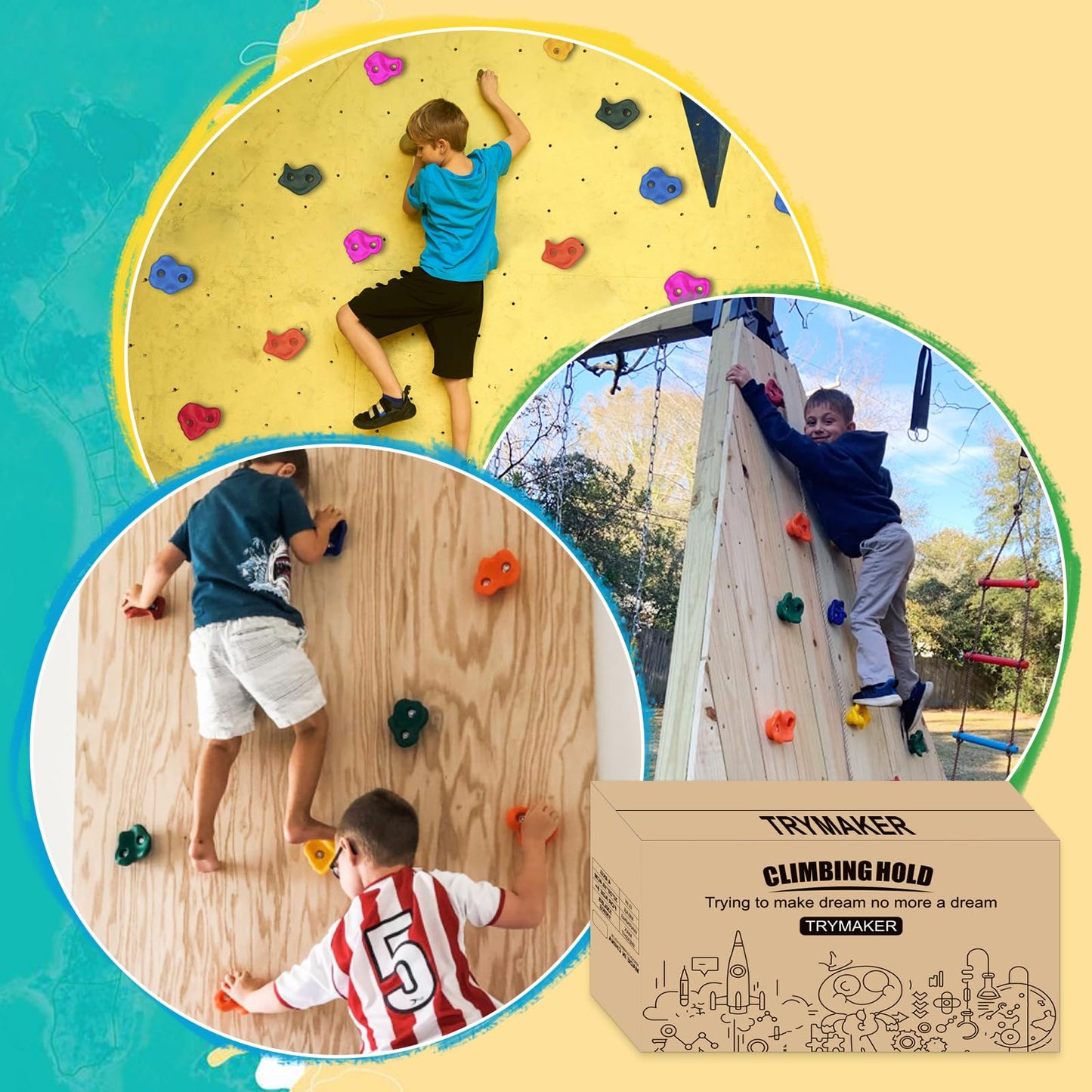 Trymaker Rock Climbing Holds – 15-Piece Indoor/Outdoor Set for Kids & Adults