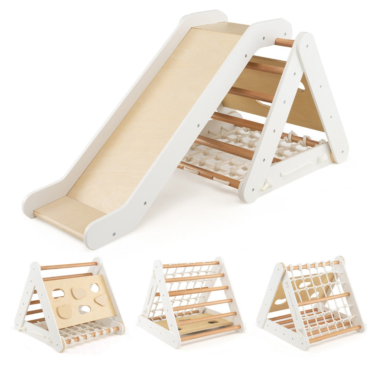 4-in-1 Wooden Triangle Climbing Set with Ramp Sliding Board-Colourful