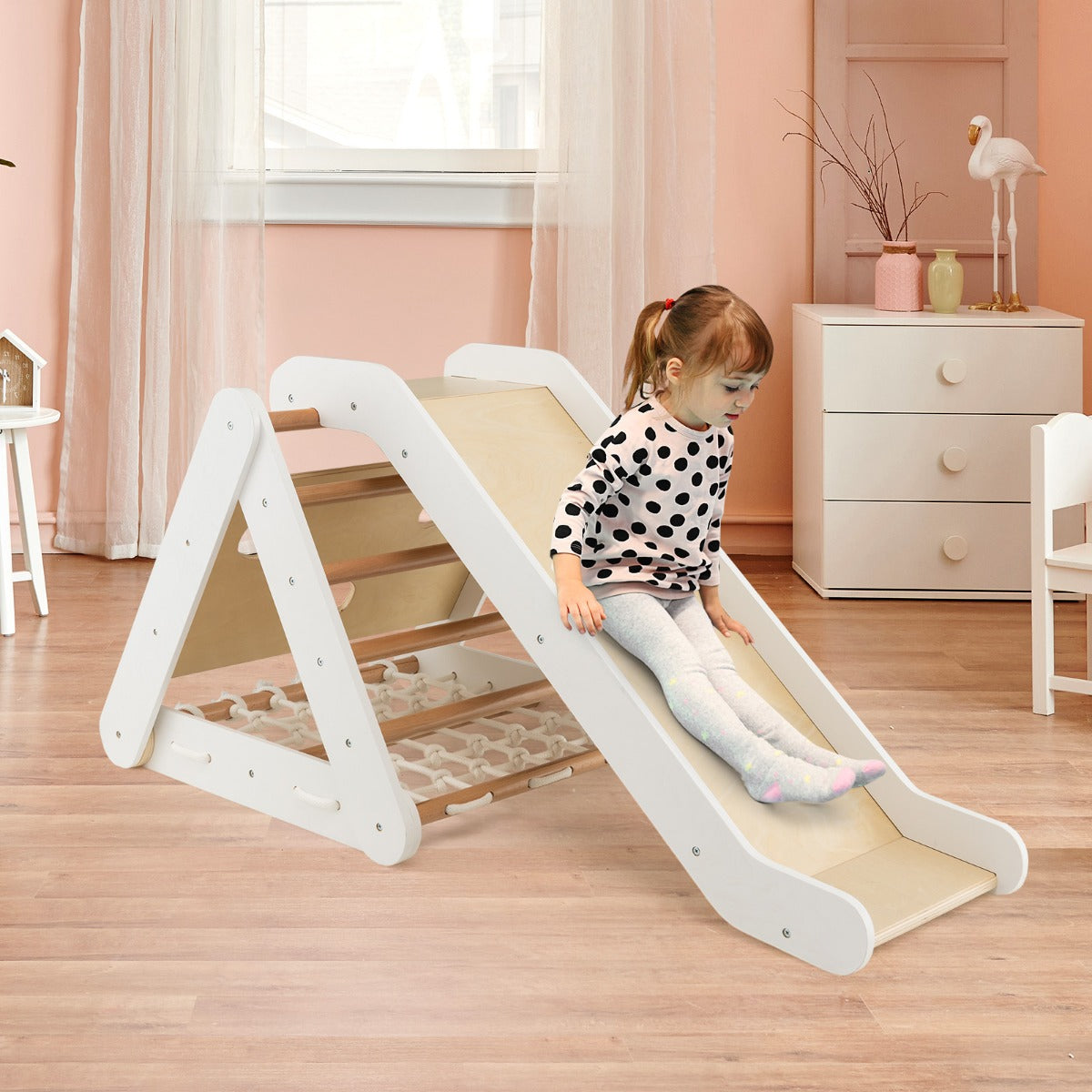 4-in-1 Wooden Triangle Climbing Set with Ramp Sliding Board-Colourful