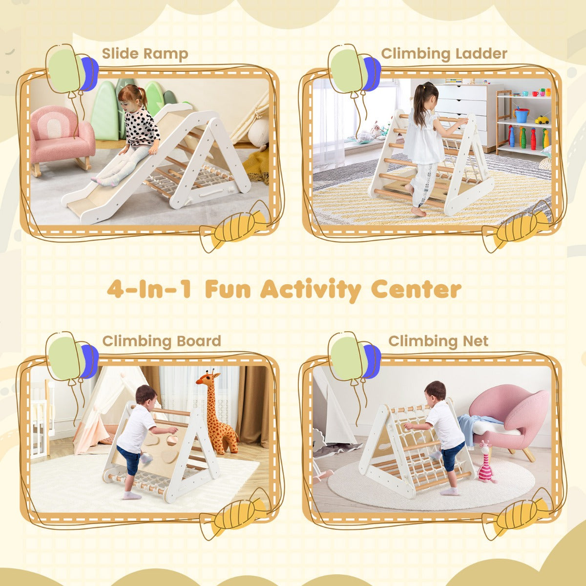 4-in-1 Wooden Triangle Climbing Set with Ramp Sliding Board-Colourful