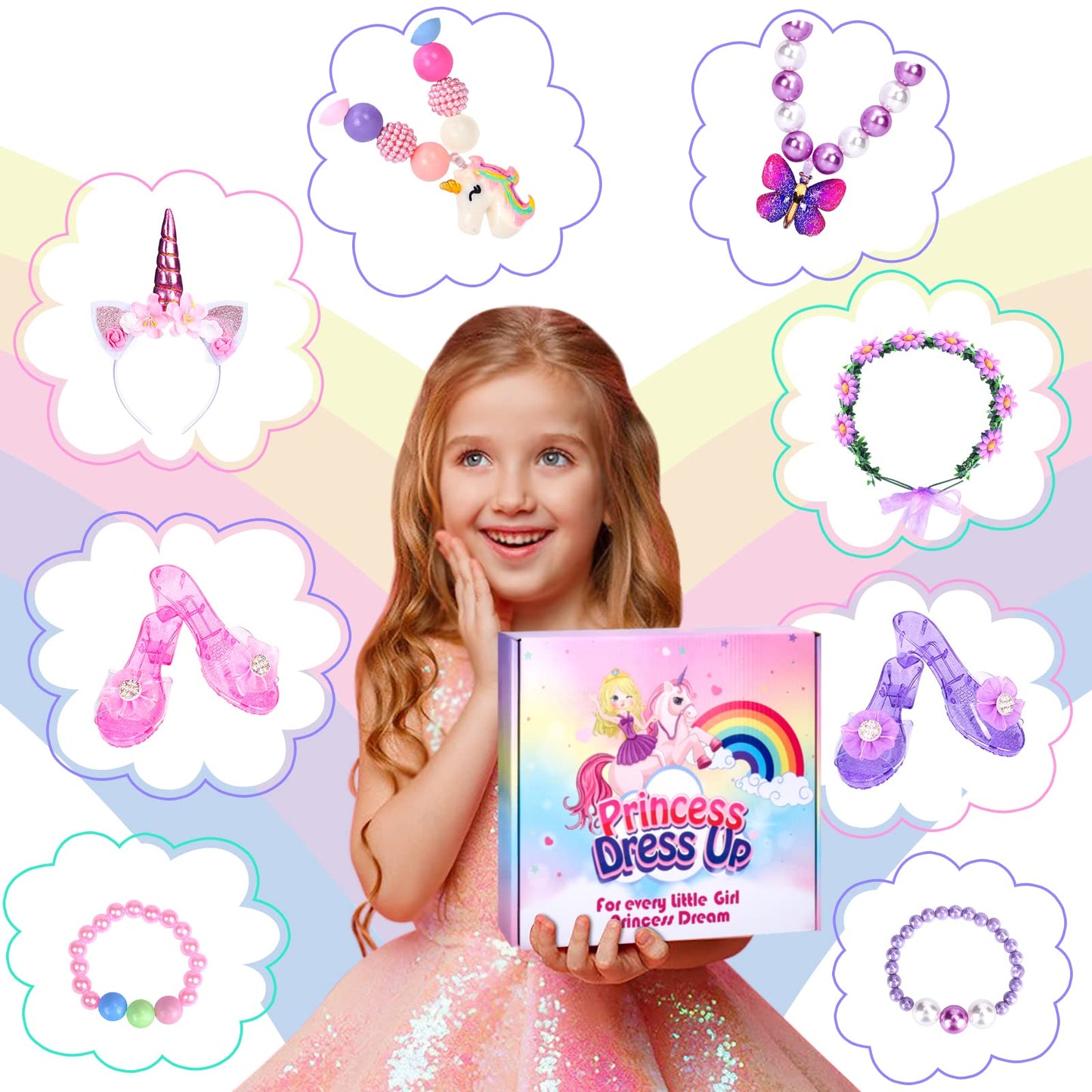 TSDATOWR Princess Dress Up Kit for Girls 3-6 – Unicorn Wings, Flower Tutus, Jewelry & Shoes