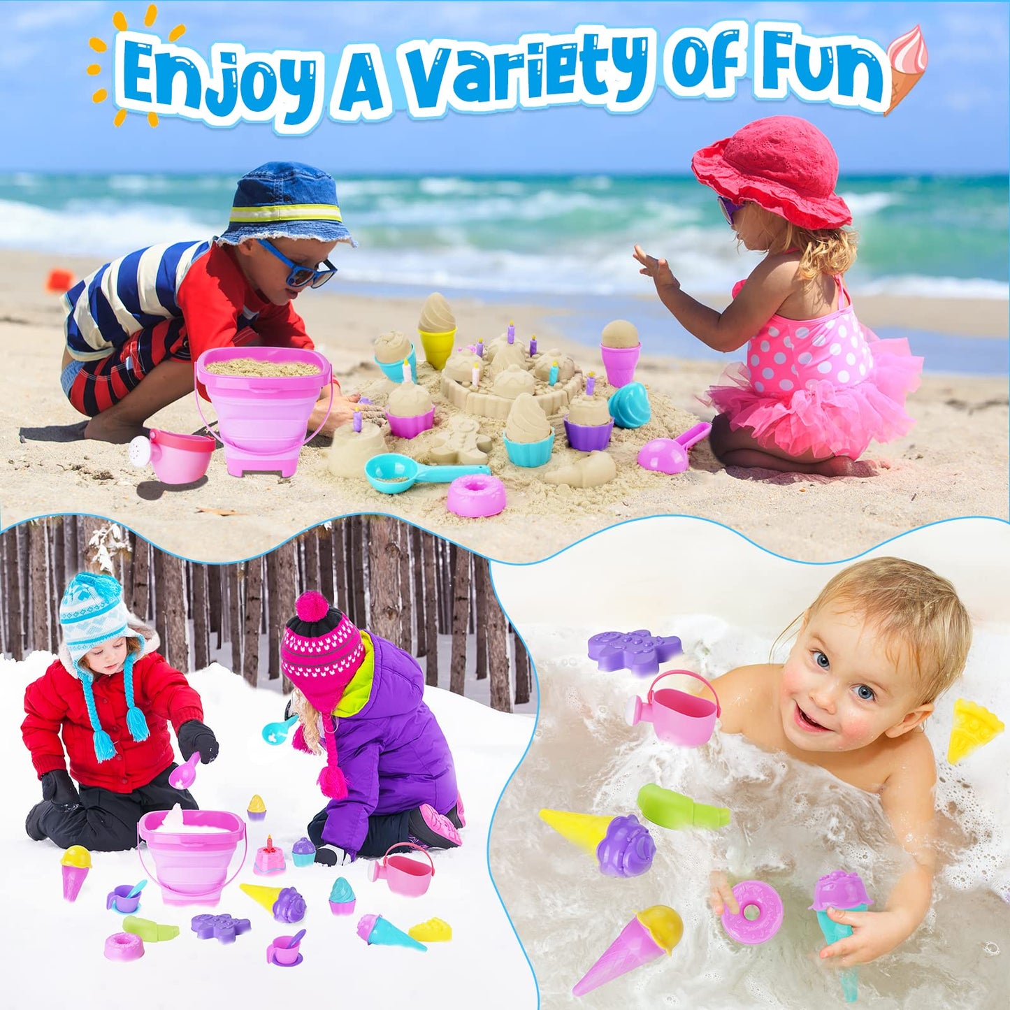 TSDATOWR Ice Cream Beach Toys Set - 36-Piece Collapsible Sand Toys for Kids