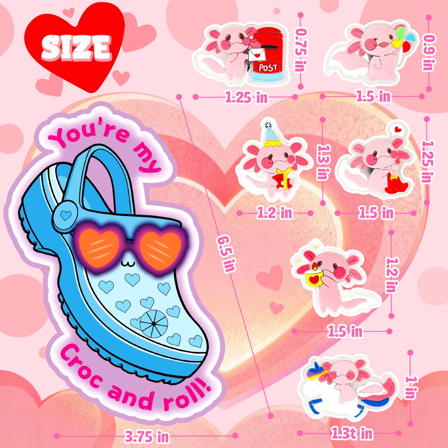 TSDATOWR Valentines Day Cards for Kids – 36 Axolotl Shoe Charms for Classrooms