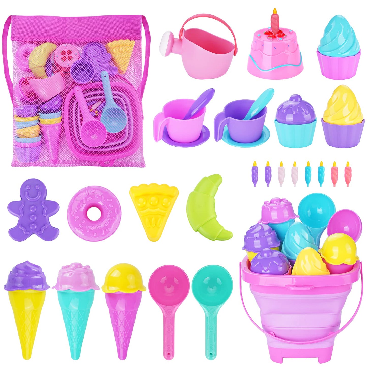 TSDATOWR Ice Cream Beach Toys Set - 36-Piece Collapsible Sand Toys for Kids