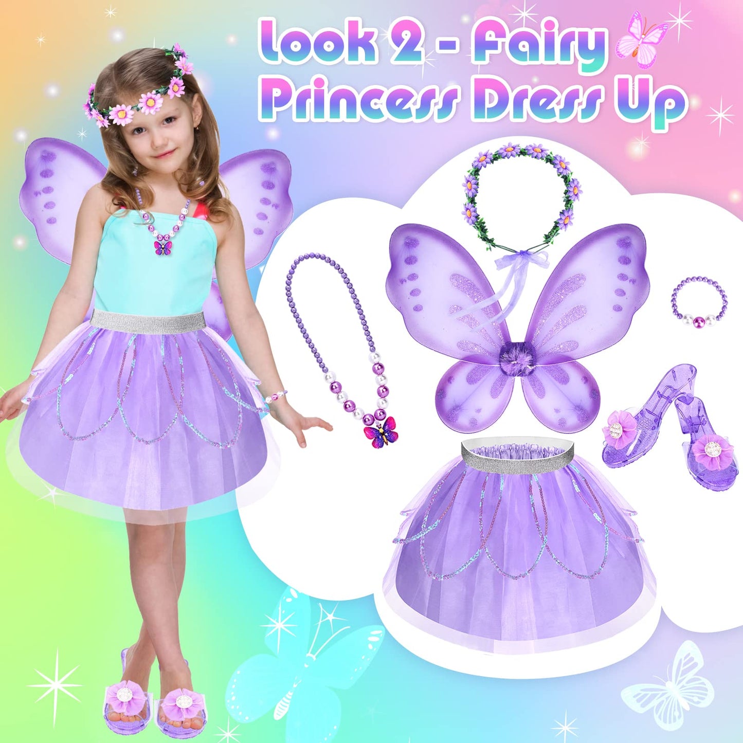 TSDATOWR Princess Dress Up Kit for Girls 3-6 – Unicorn Wings, Flower Tutus, Jewelry & Shoes