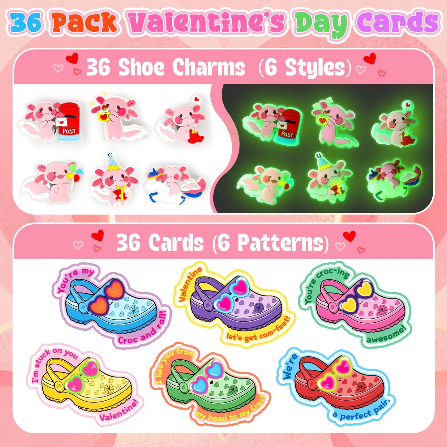 TSDATOWR Valentines Day Cards for Kids – 36 Axolotl Shoe Charms for Classrooms