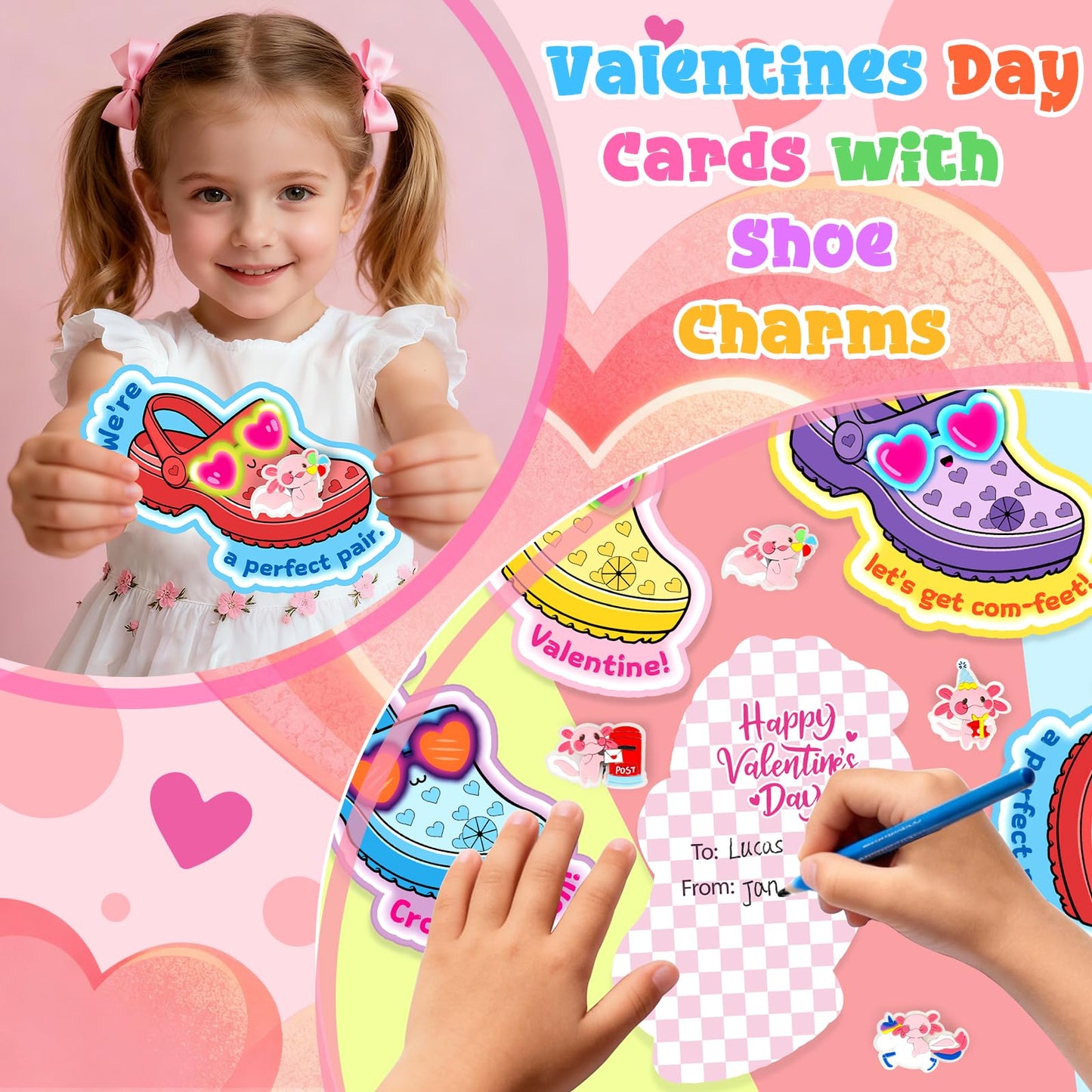 TSDATOWR Valentines Day Cards for Kids – 36 Axolotl Shoe Charms for Classrooms
