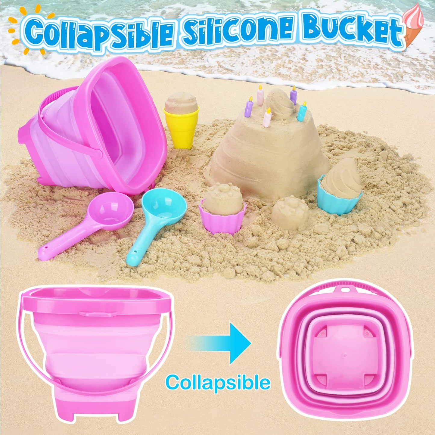 TSDATOWR Ice Cream Beach Toys Set - 36-Piece Collapsible Sand Toys for Kids