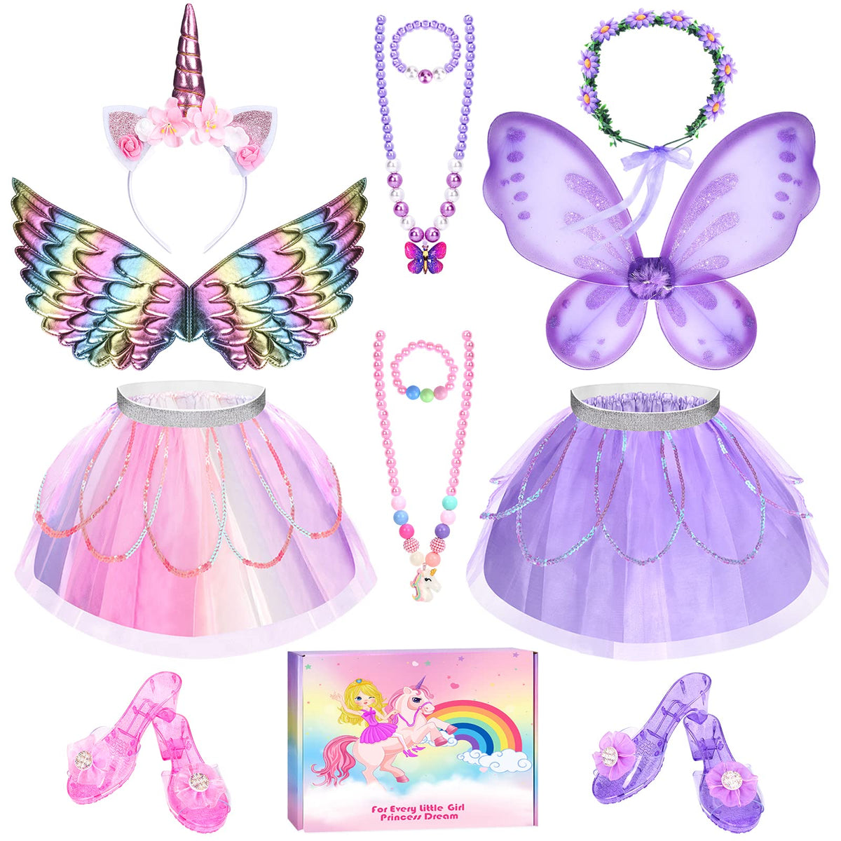 TSDATOWR Princess Dress Up Kit for Girls 3-6 – Unicorn Wings, Flower Tutus, Jewelry & Shoes