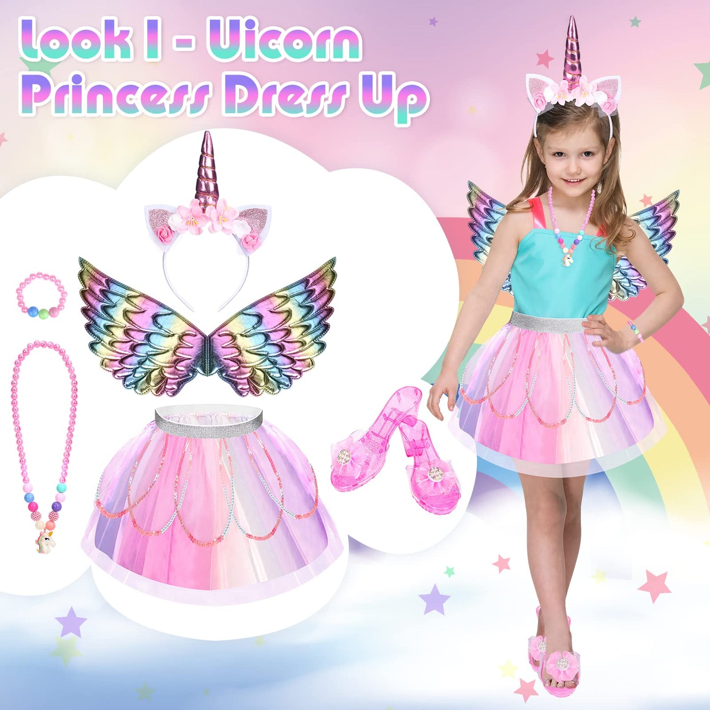 TSDATOWR Princess Dress Up Kit for Girls 3-6 – Unicorn Wings, Flower Tutus, Jewelry & Shoes