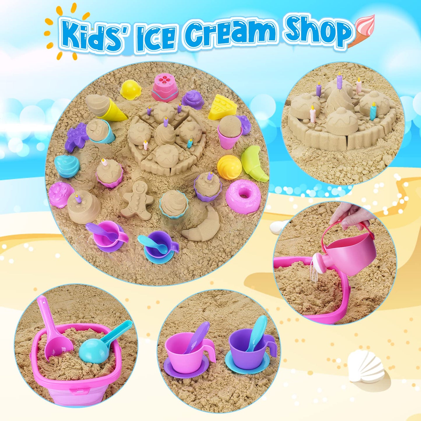 TSDATOWR Ice Cream Beach Toys Set - 36-Piece Collapsible Sand Toys for Kids