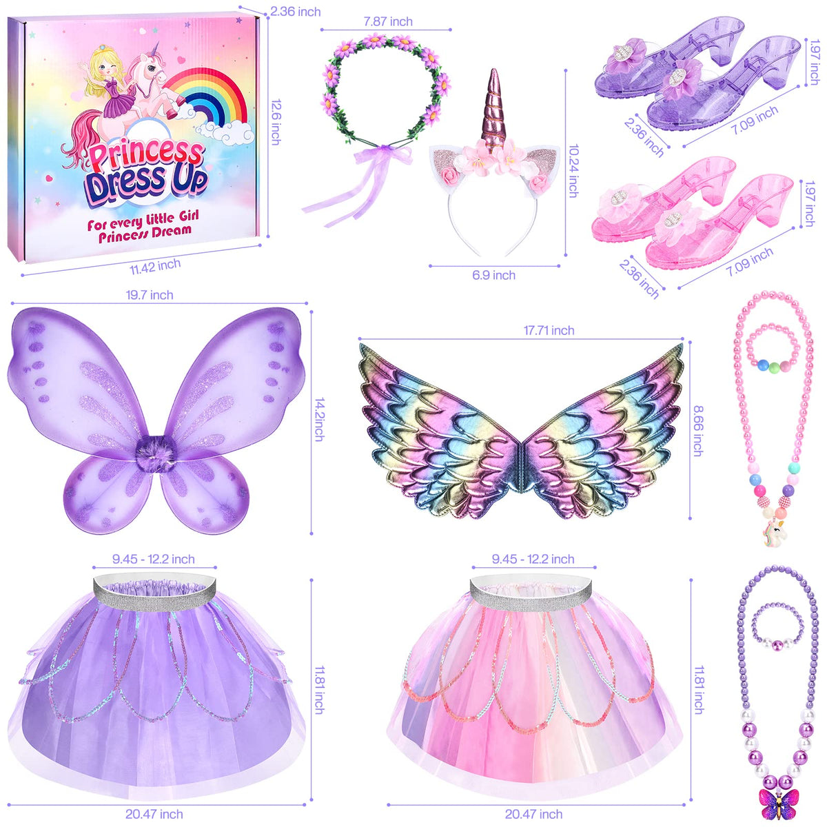 TSDATOWR Princess Dress Up Kit for Girls 3-6 – Unicorn Wings, Flower Tutus, Jewelry & Shoes