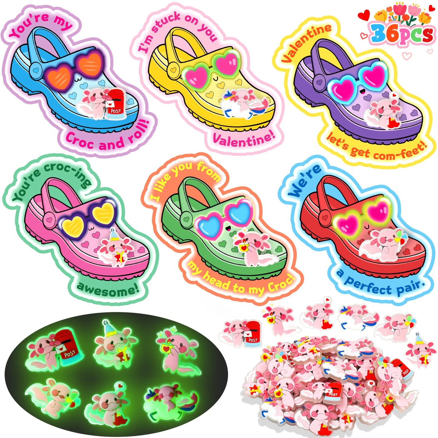 TSDATOWR Valentines Day Cards for Kids – 36 Axolotl Shoe Charms for Classrooms