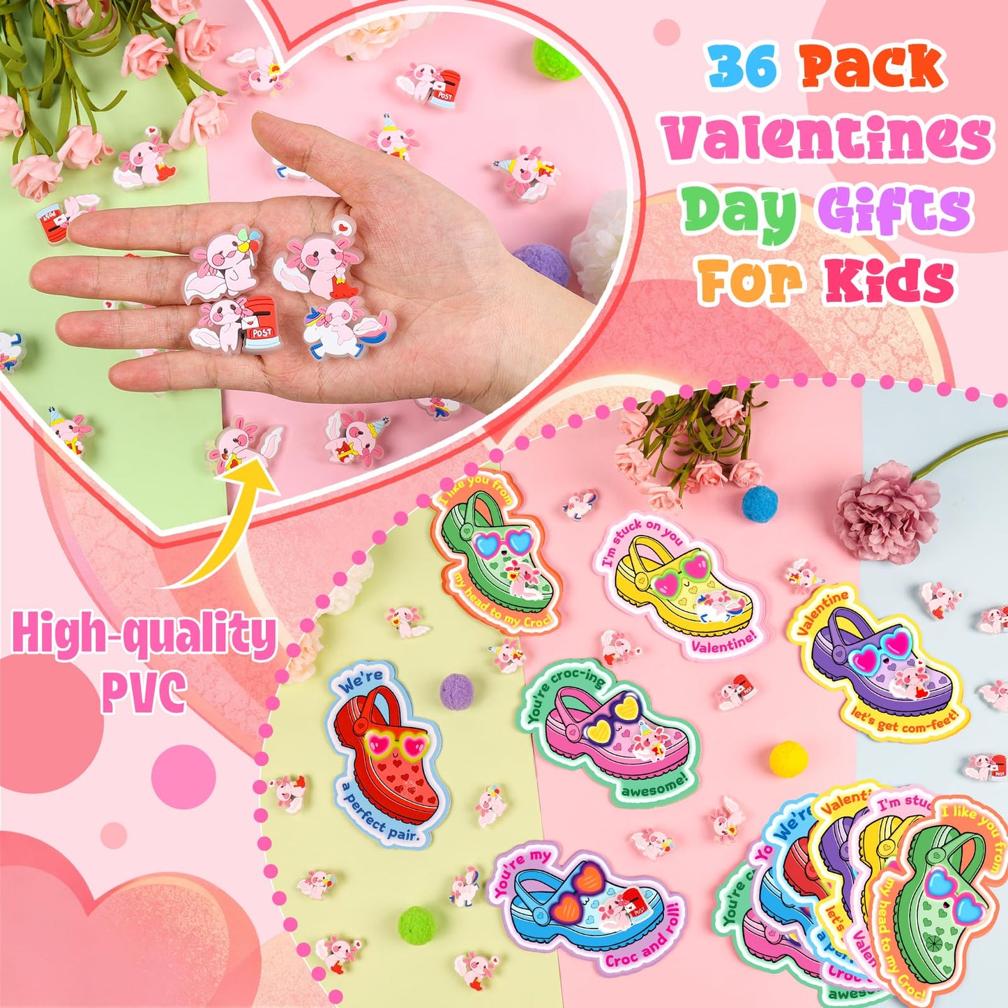 TSDATOWR Valentines Day Cards for Kids – 36 Axolotl Shoe Charms for Classrooms