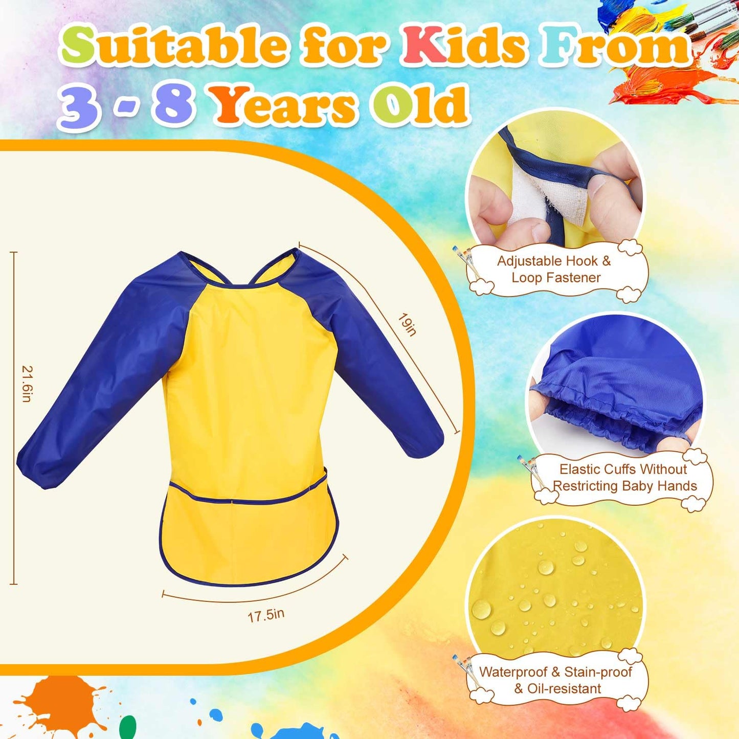 Tskcos Kids Art Smock 2 Pack – Waterproof Painting Aprons with Long Sleeves & Pockets (Ages 2–8)