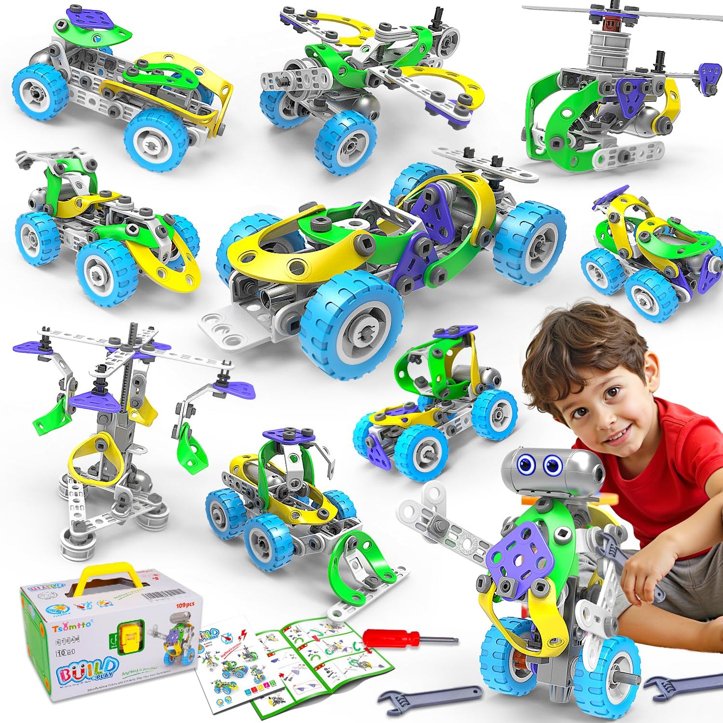 Tsomtto 10-in-1 Electric STEM Toys for Kids Aged 4-12 | Build Robots, Planes & More