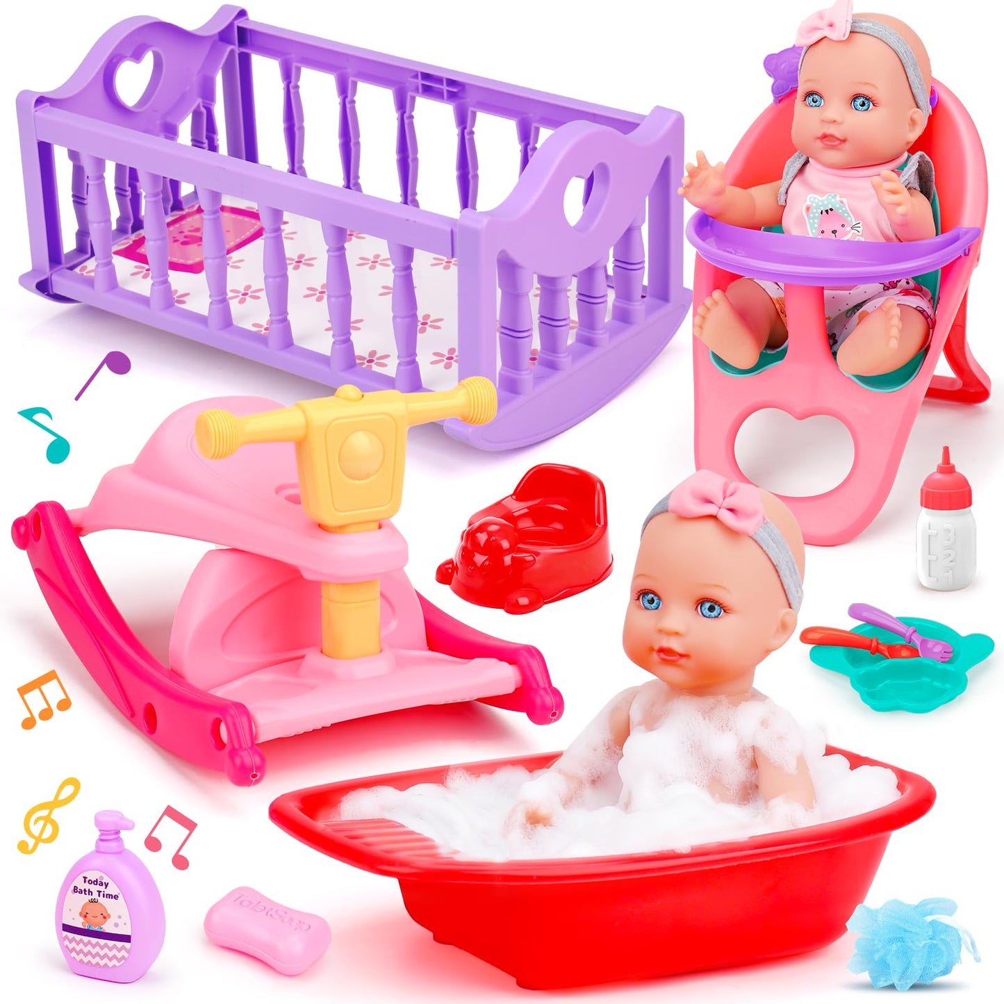 Tsomtto Baby Care Dolls Toys Set - 11-inch Doll, Cradle, Rocking Horse & Feeding Accessories