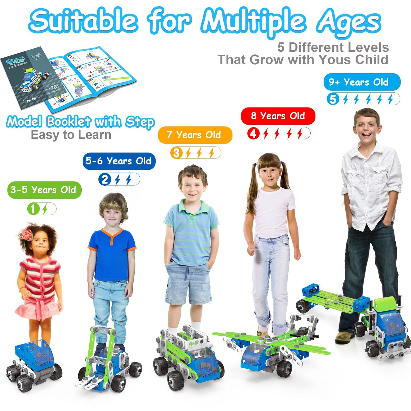 Tsomtto 18-in-1 STEM Toys for Kids Aged 4-8 | 175-Piece Building Set with 18 Models & Pull-Back Cars