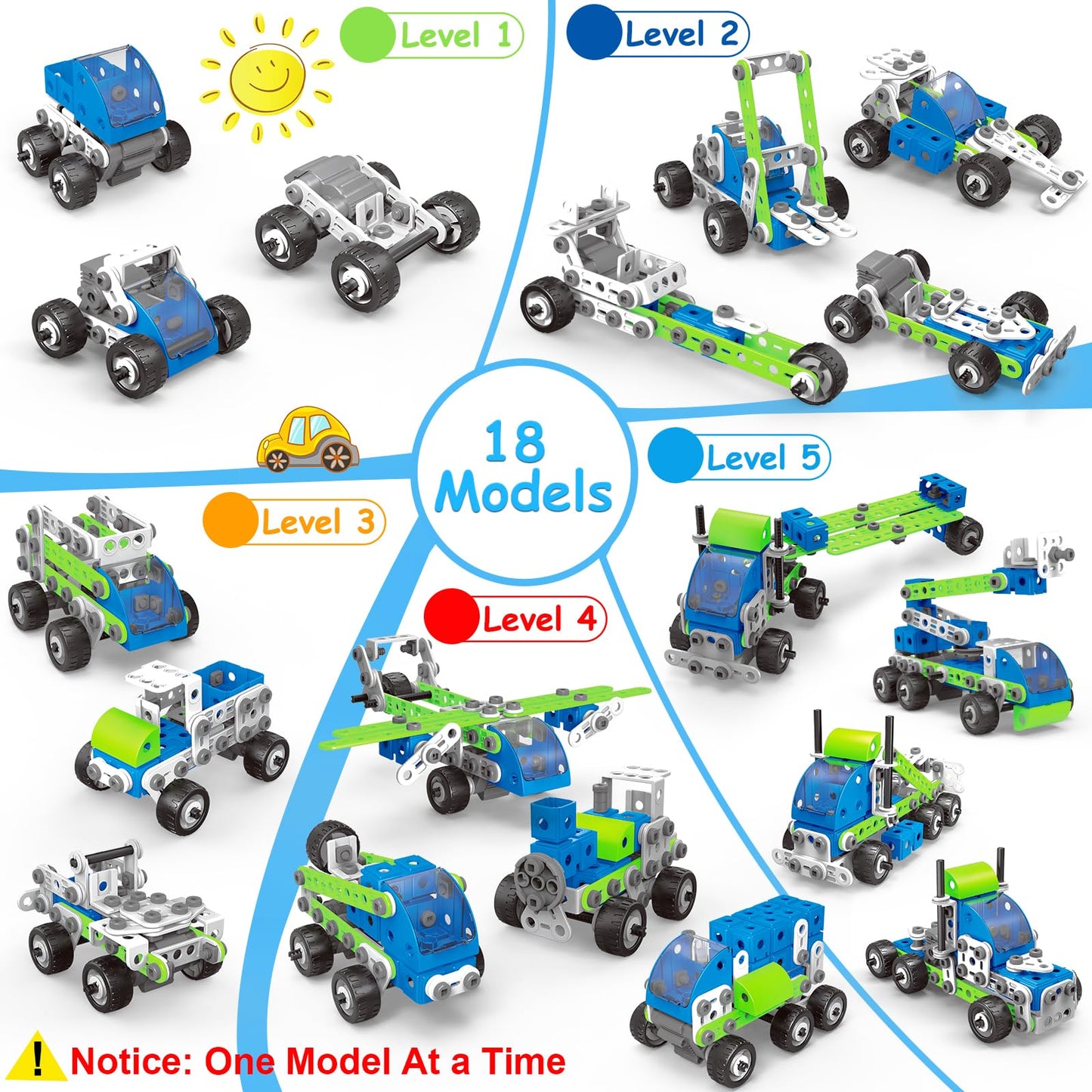 Tsomtto 18-in-1 STEM Toys for Kids Aged 4-8 | 175-Piece Building Set with 18 Models & Pull-Back Cars
