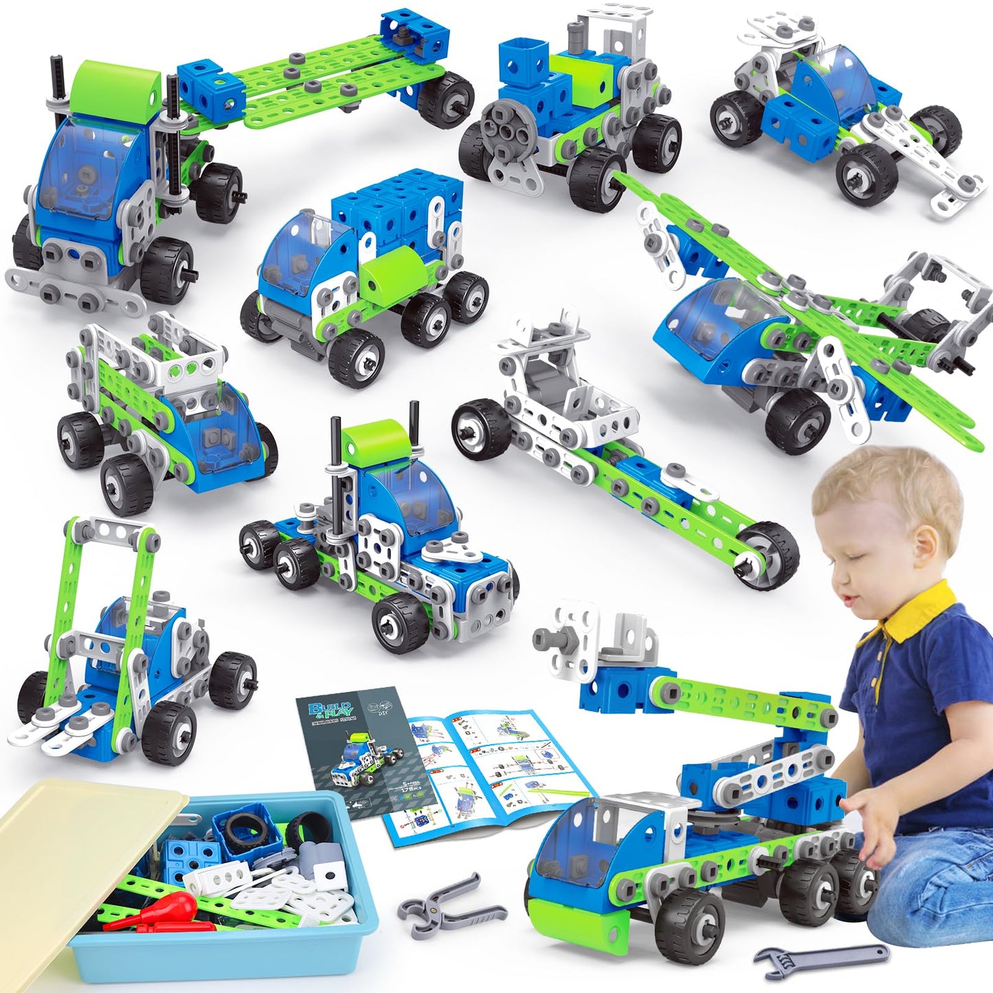 Tsomtto 18-in-1 STEM Toys for Kids Aged 4-8 | 175-Piece Building Set with 18 Models & Pull-Back Cars