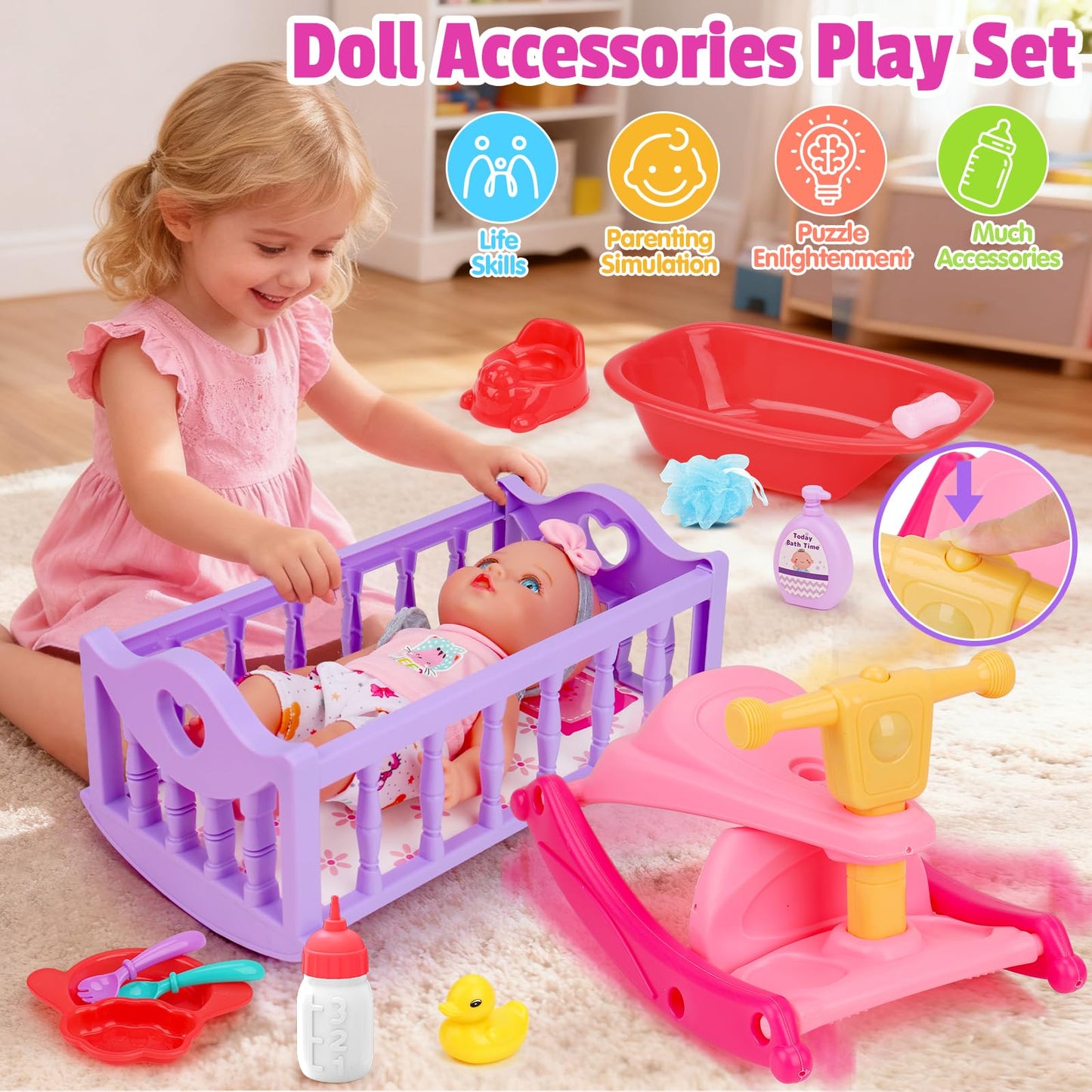 Tsomtto Baby Care Dolls Toys Set - 11-inch Doll, Cradle, Rocking Horse & Feeding Accessories