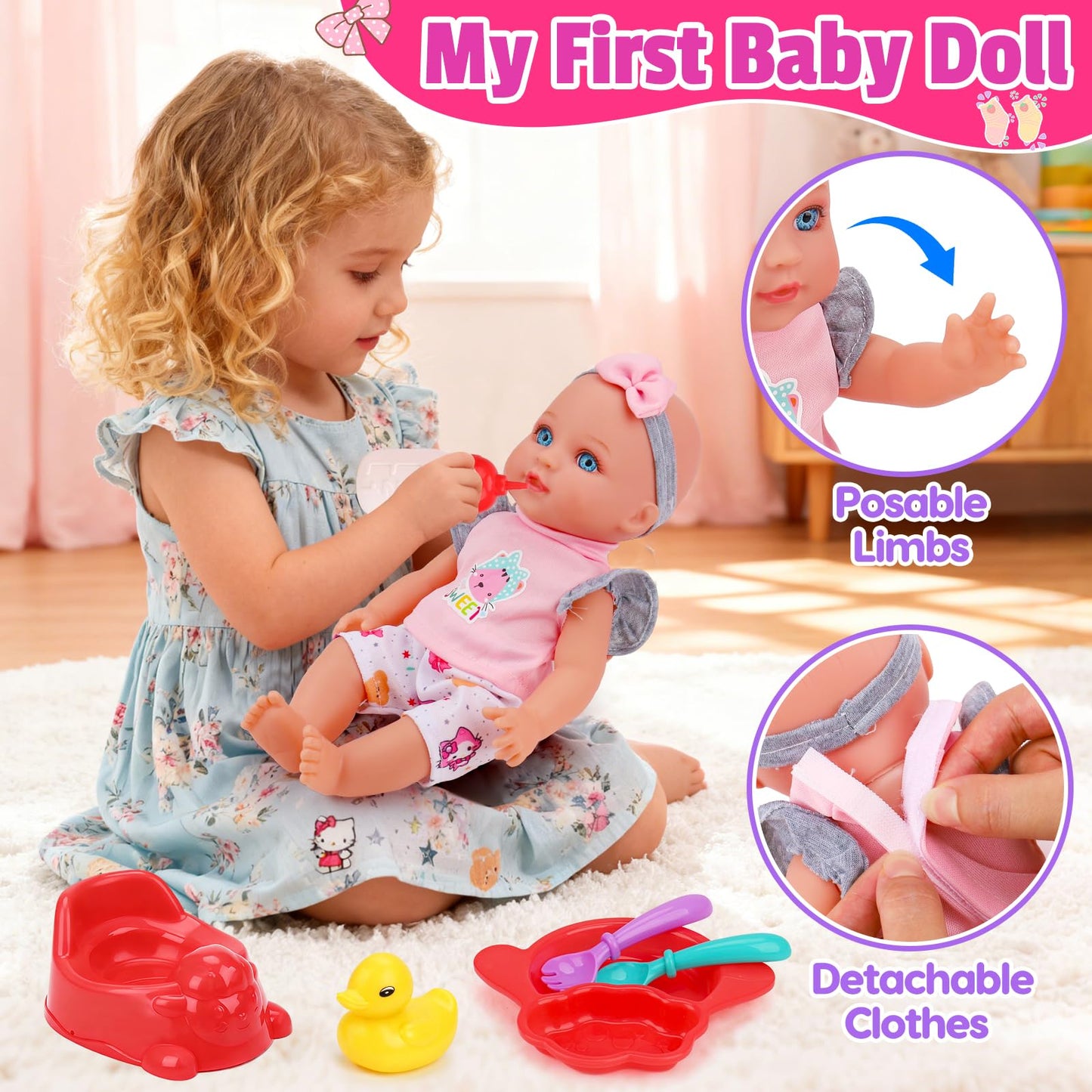 Tsomtto Baby Care Dolls Toys Set - 11-inch Doll, Cradle, Rocking Horse & Feeding Accessories