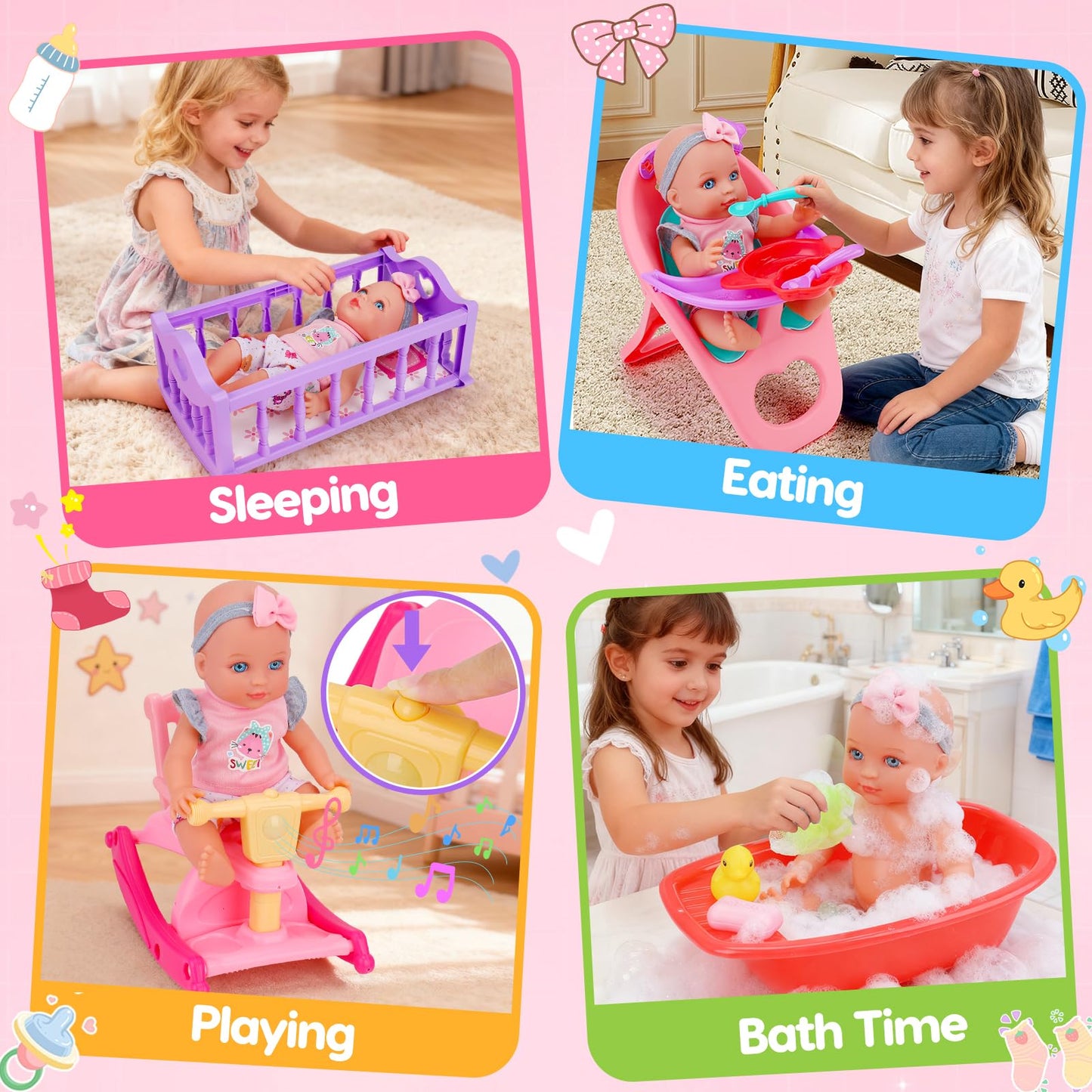 Tsomtto Baby Care Dolls Toys Set - 11-inch Doll, Cradle, Rocking Horse & Feeding Accessories