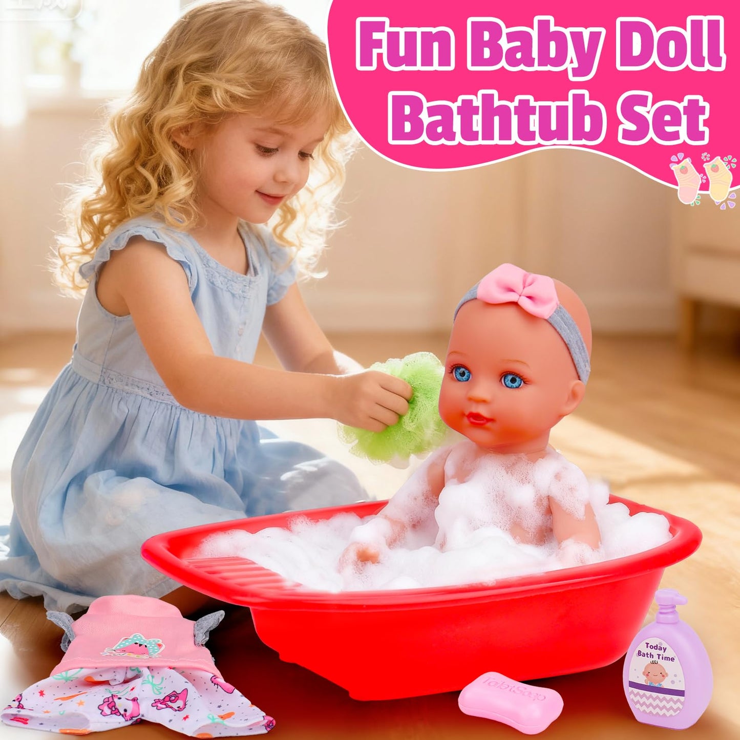 Tsomtto Baby Care Dolls Toys Set - 11-inch Doll, Cradle, Rocking Horse & Feeding Accessories