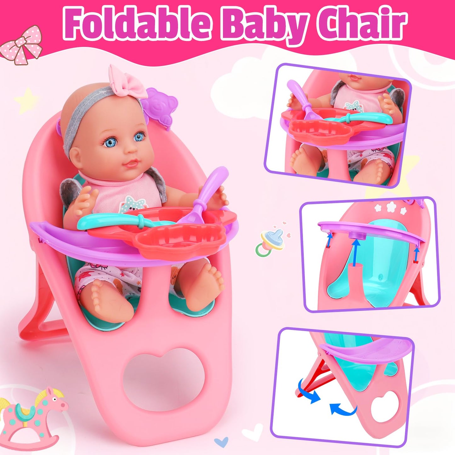 Tsomtto Baby Care Dolls Toys Set - 11-inch Doll, Cradle, Rocking Horse & Feeding Accessories