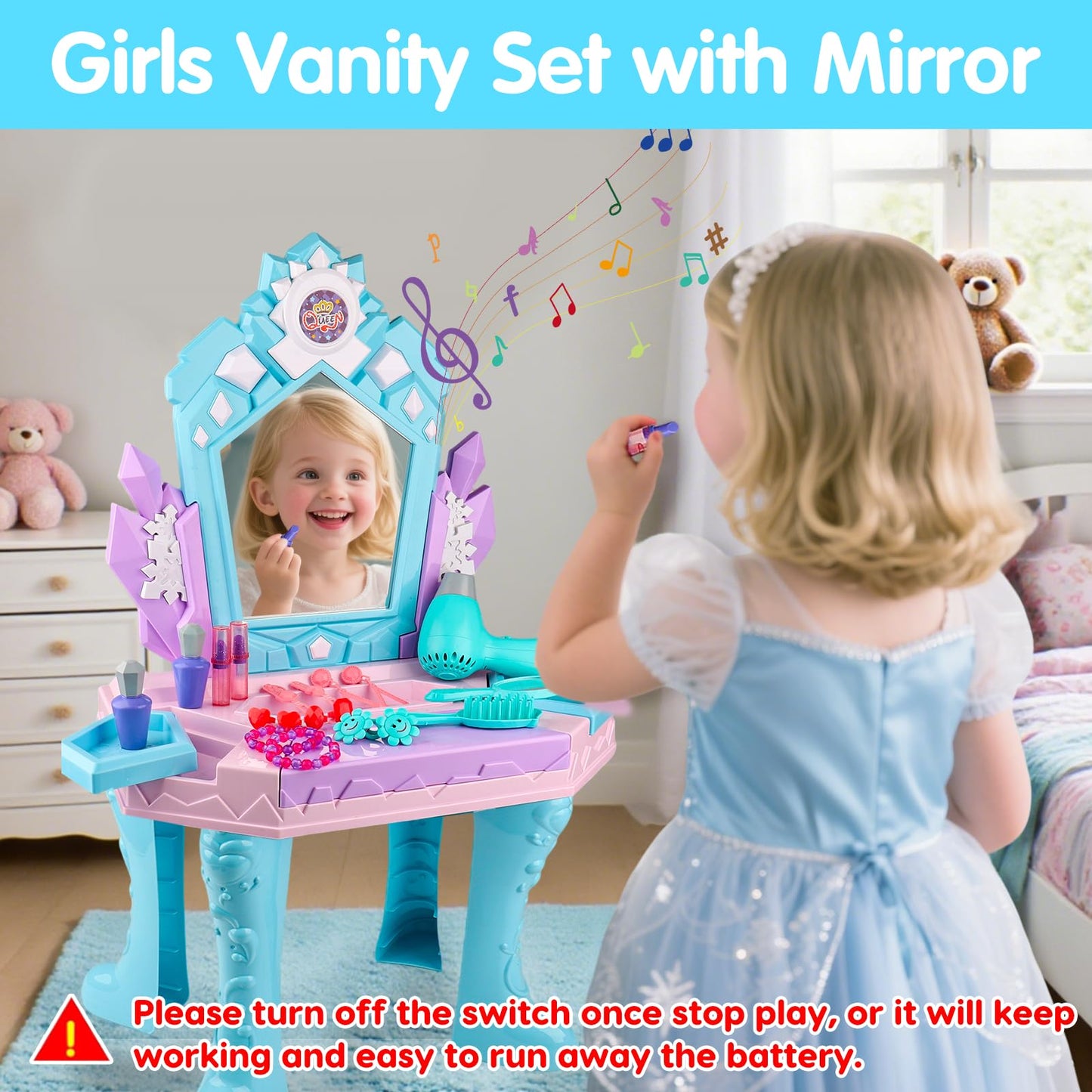 Tsomtto Frozen Vanity Table & Chair Set — Lights, Music, Mirror for Toddlers (Ages 2–5)