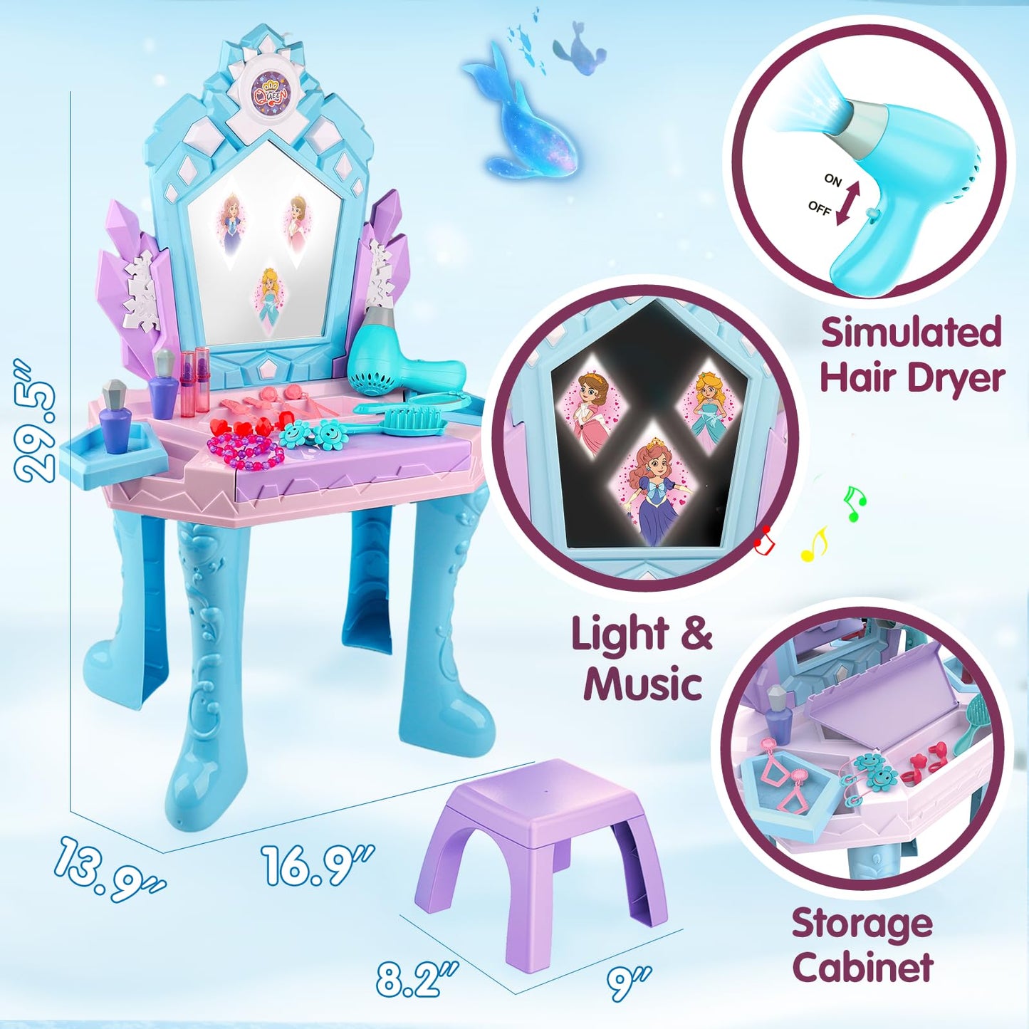 Tsomtto Frozen Vanity Table & Chair Set — Lights, Music, Mirror for Toddlers (Ages 2–5)