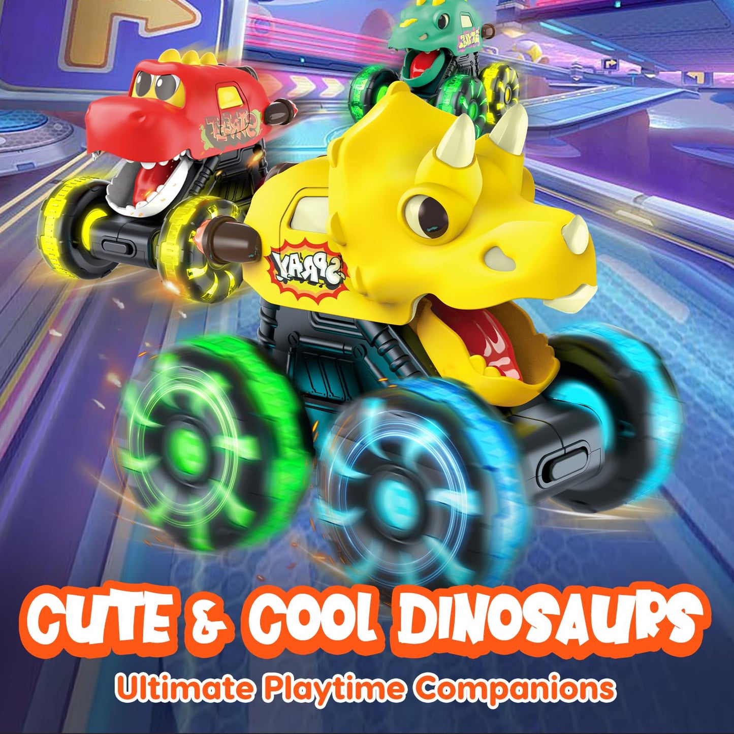 Tsomtto Monster Truck Dinosaur Cars for Toddlers – Light-Up Press & Go Toys