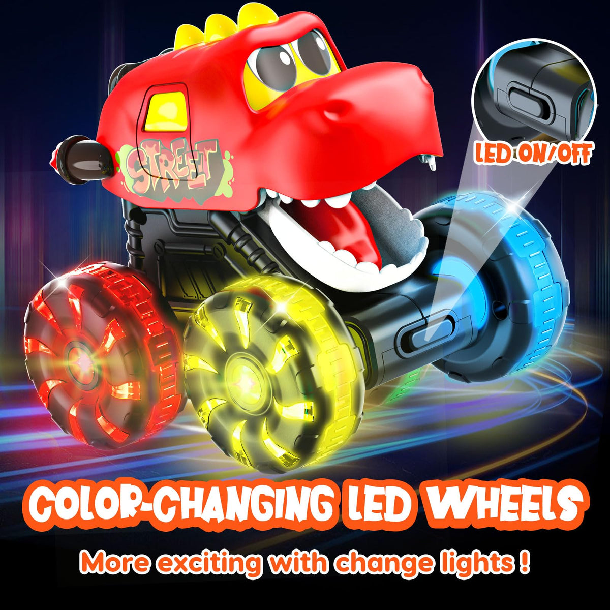 Tsomtto Monster Truck Dinosaur Cars for Toddlers – Light-Up Press & Go Toys