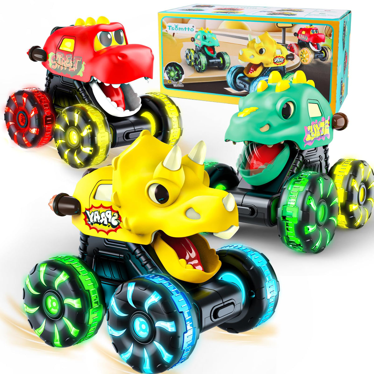 Tsomtto Monster Truck Dinosaur Cars for Toddlers – Light-Up Press & Go Toys