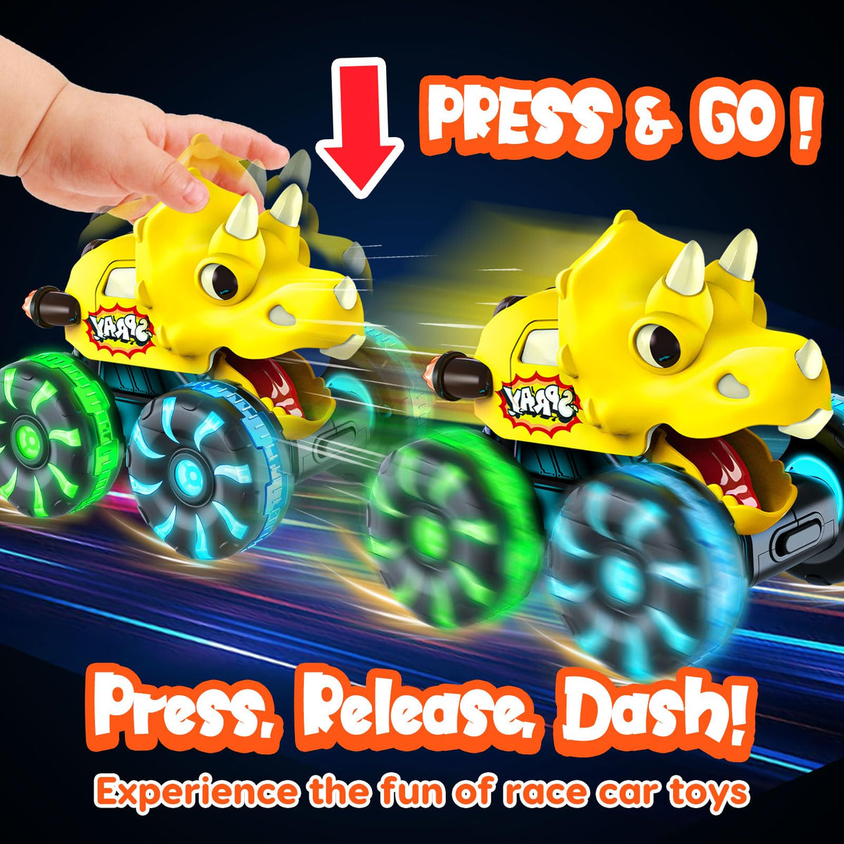 Tsomtto Monster Truck Dinosaur Cars for Toddlers – Light-Up Press & Go Toys