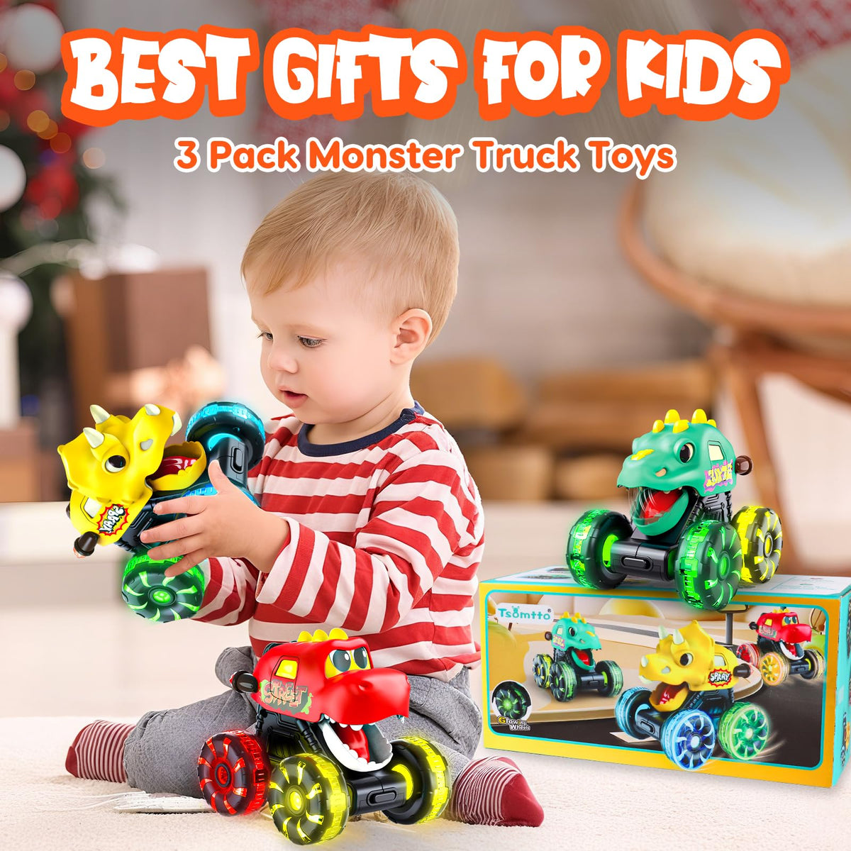 Tsomtto Monster Truck Dinosaur Cars for Toddlers – Light-Up Press & Go Toys