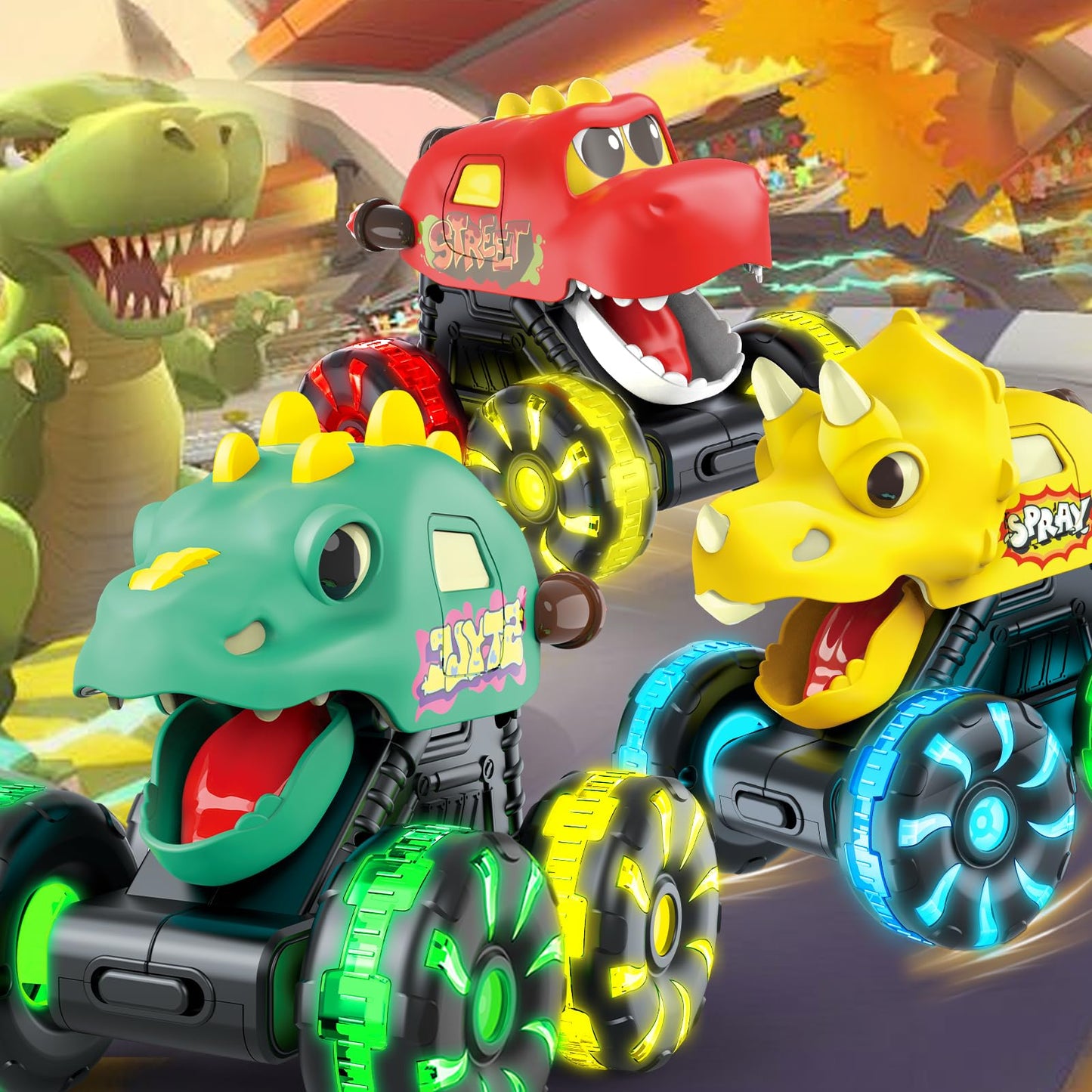 Tsomtto Monster Truck Dinosaur Cars for Toddlers – Light-Up Press & Go Toys