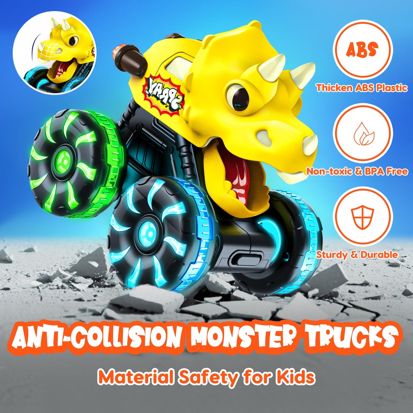 Tsomtto Monster Truck Dinosaur Cars for Toddlers – Light-Up Press & Go Toys