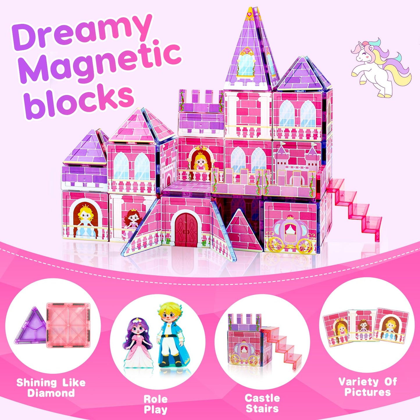 Tsomtto Princess Magnetic Tiles – Creative Castle Building Blocks for Kids 3-9 | STEM Learning Toy