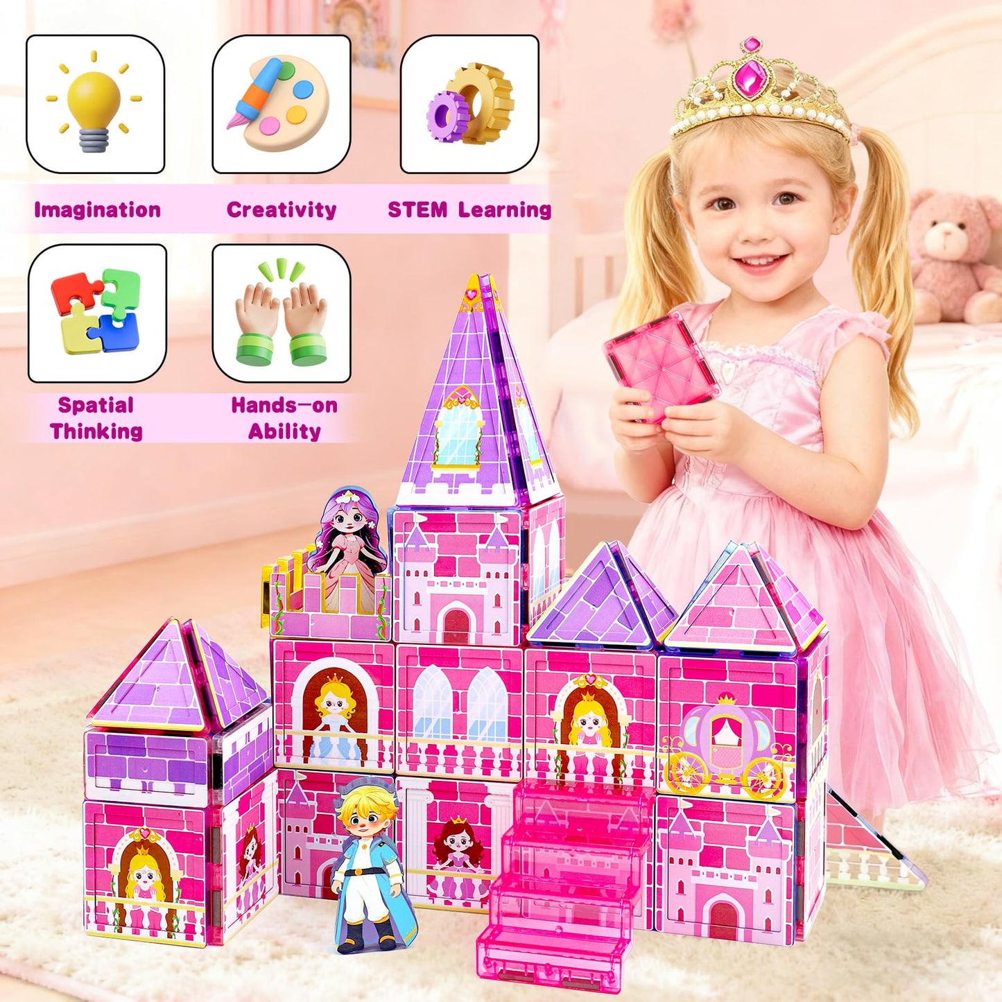 Tsomtto Princess Magnetic Tiles – Creative Castle Building Blocks for Kids 3-9 | STEM Learning Toy