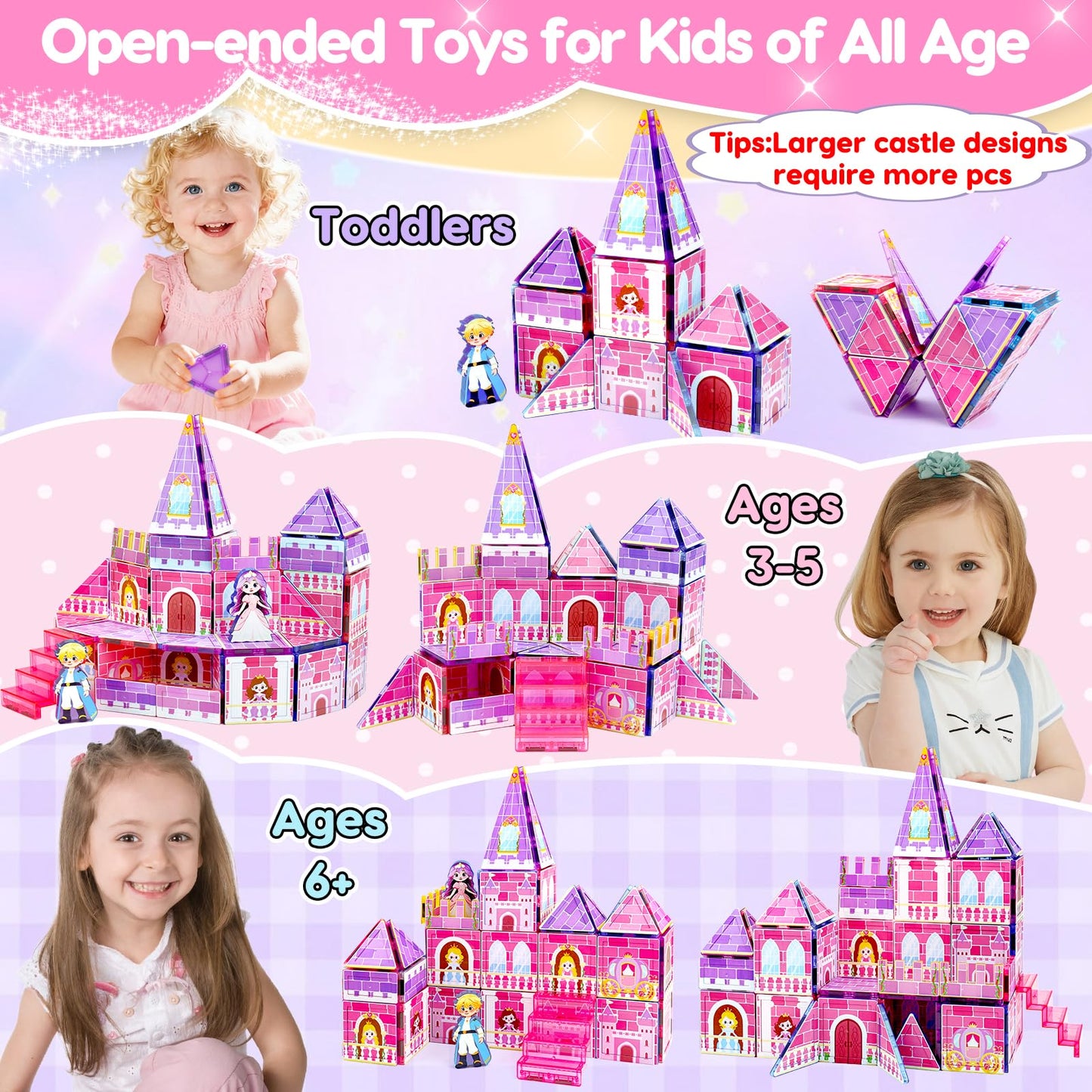 Tsomtto Princess Magnetic Tiles – Creative Castle Building Blocks for Kids 3-9 | STEM Learning Toy