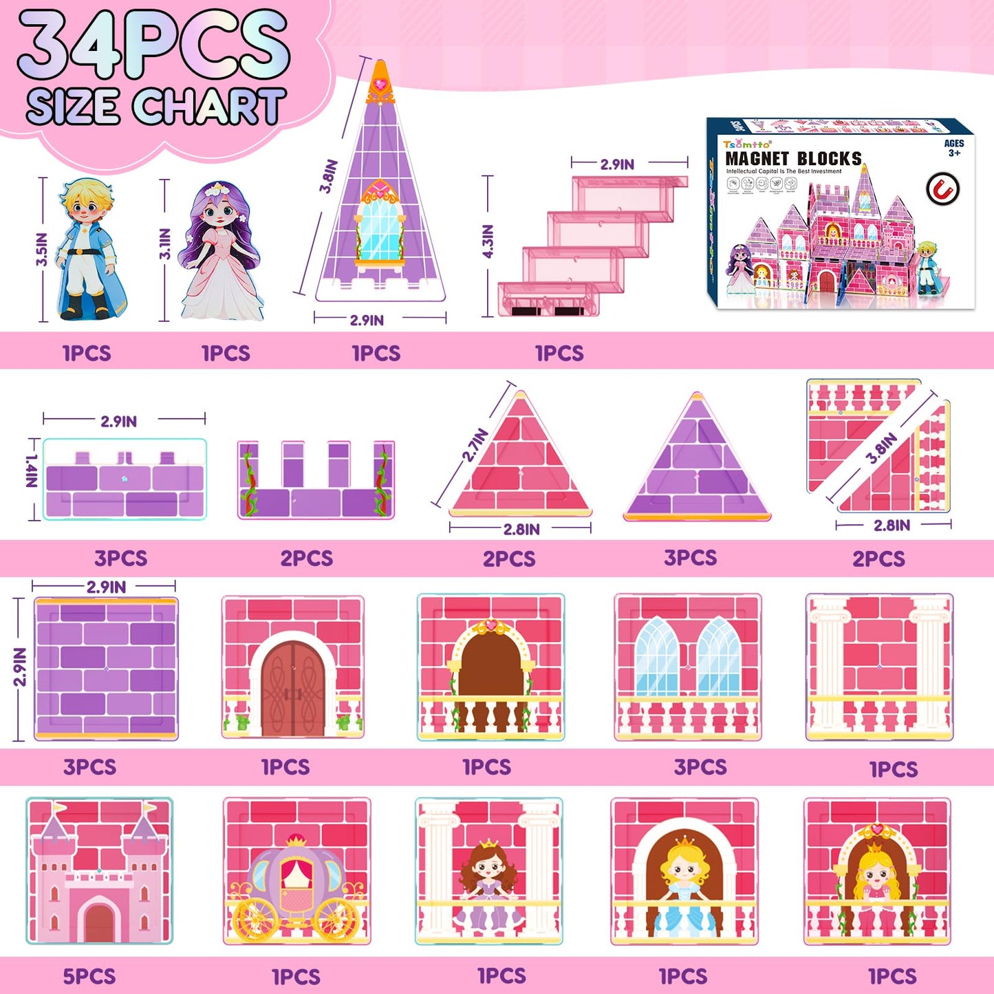 Tsomtto Princess Magnetic Tiles – Creative Castle Building Blocks for Kids 3-9 | STEM Learning Toy