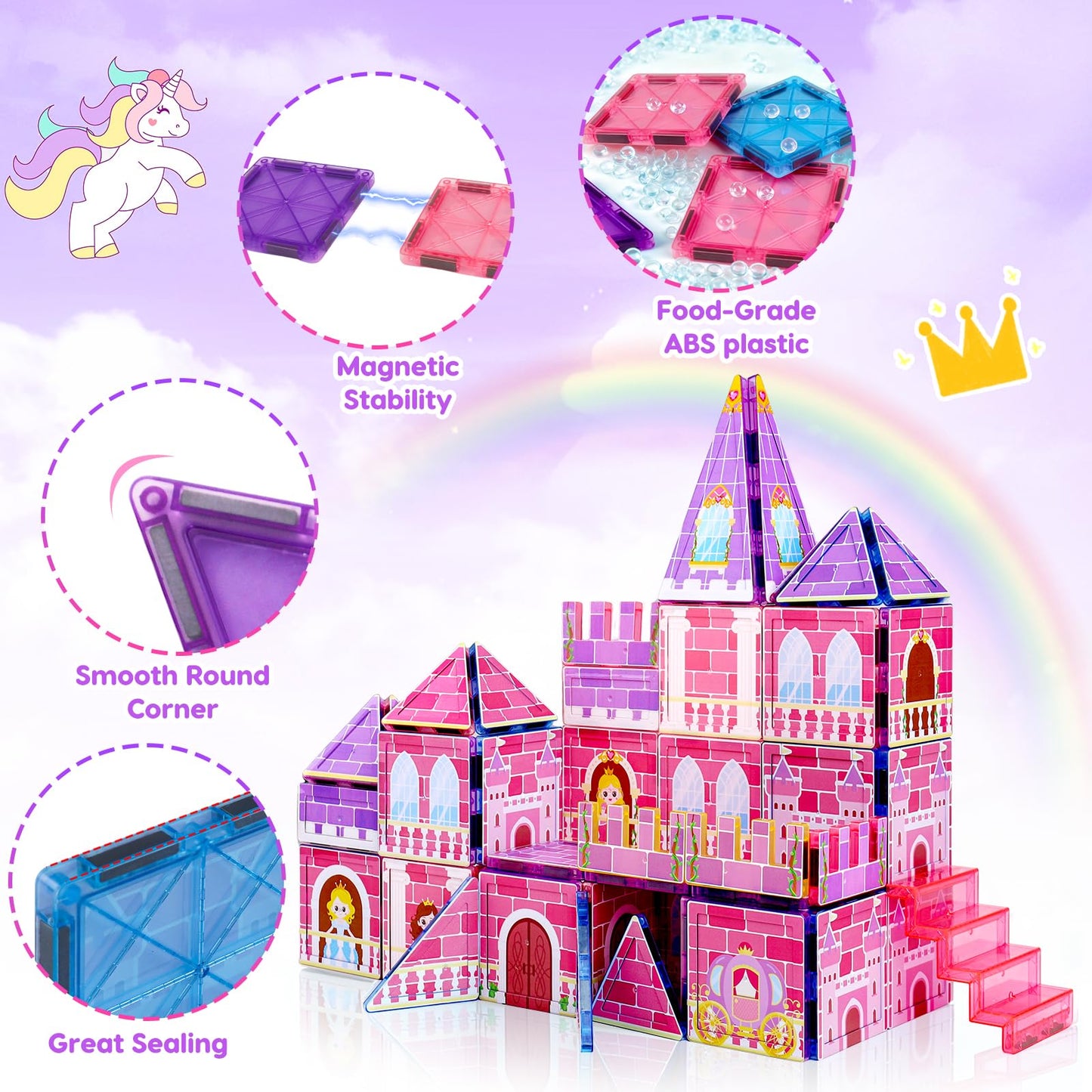 Tsomtto Princess Magnetic Tiles – Creative Castle Building Blocks for Kids 3-9 | STEM Learning Toy
