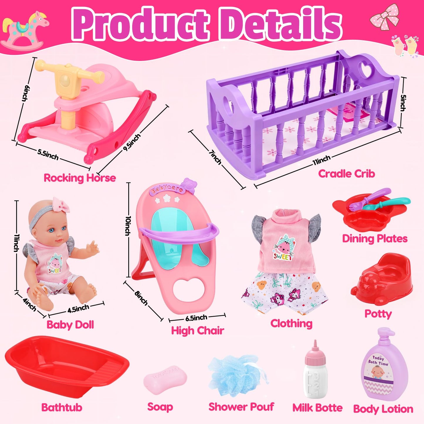 Tsomtto Baby Care Dolls Toys Set - 11-inch Doll, Cradle, Rocking Horse & Feeding Accessories