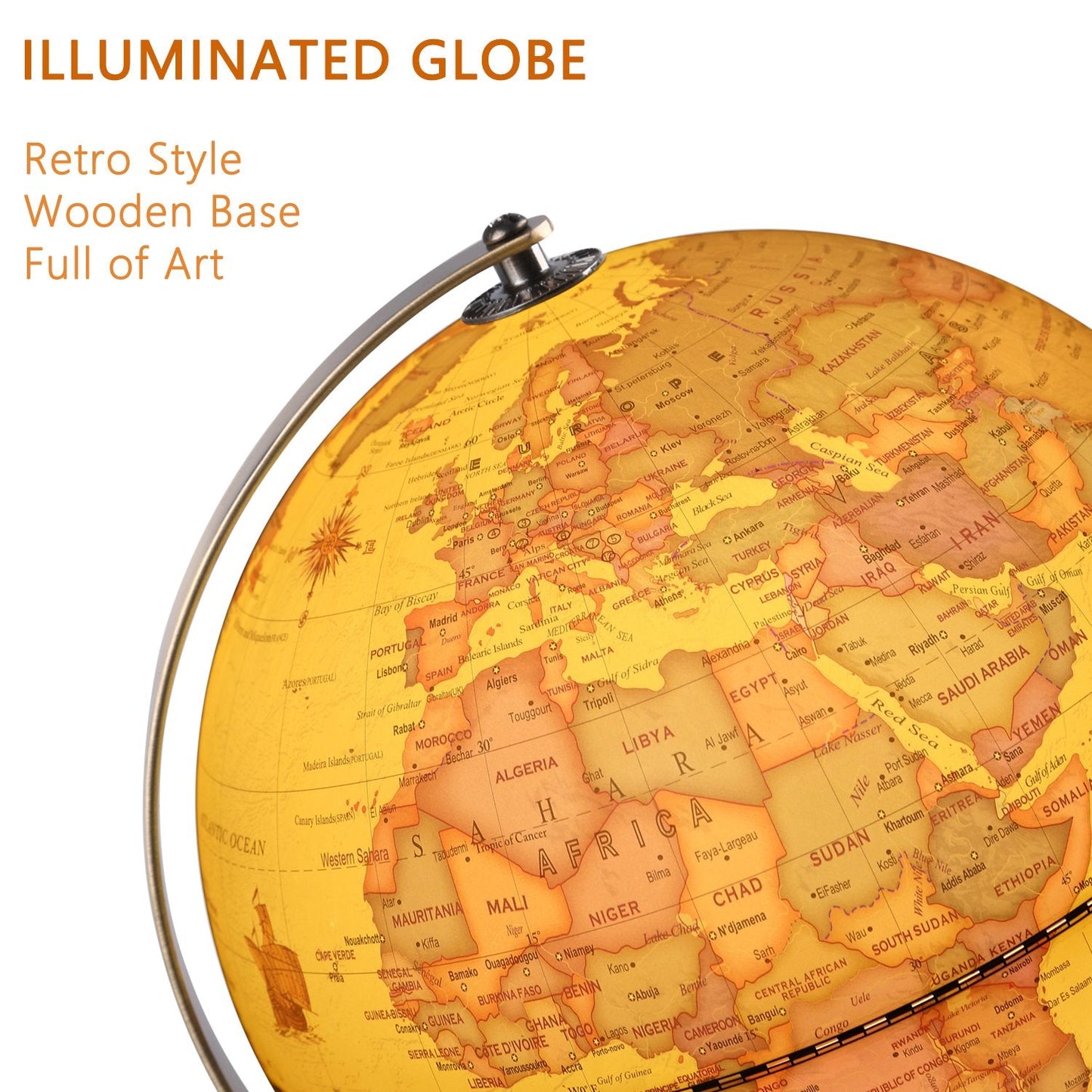 TTKTK Illuminated World Globe with Wooden Stand | 8-Inch LED Desk Globe