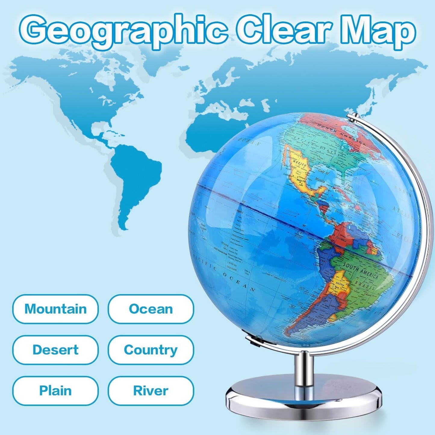 TTKTK World Globe 8-Inch Blue with Stainless Steel Stand – Rotating Educational Globe