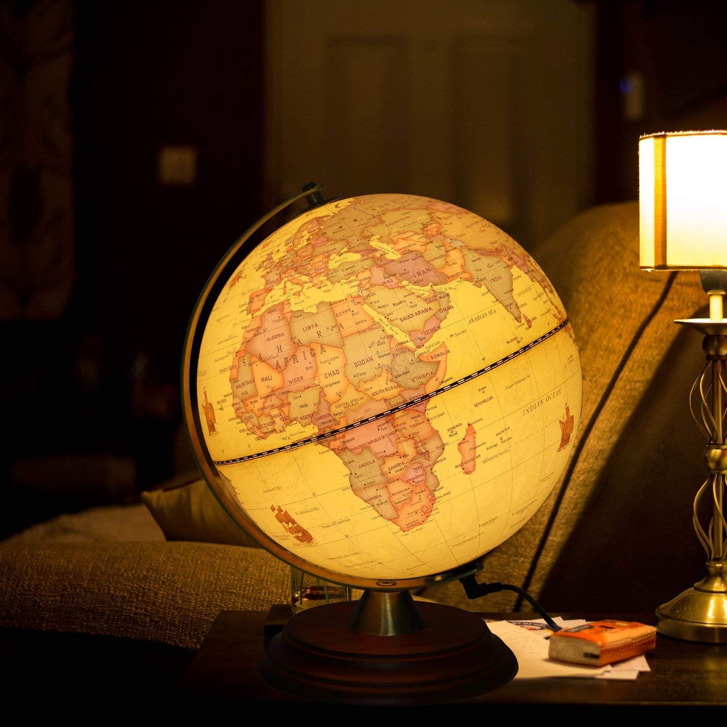 TTKTK Illuminated World Globe with Wooden Stand | 8-Inch LED Desk Globe