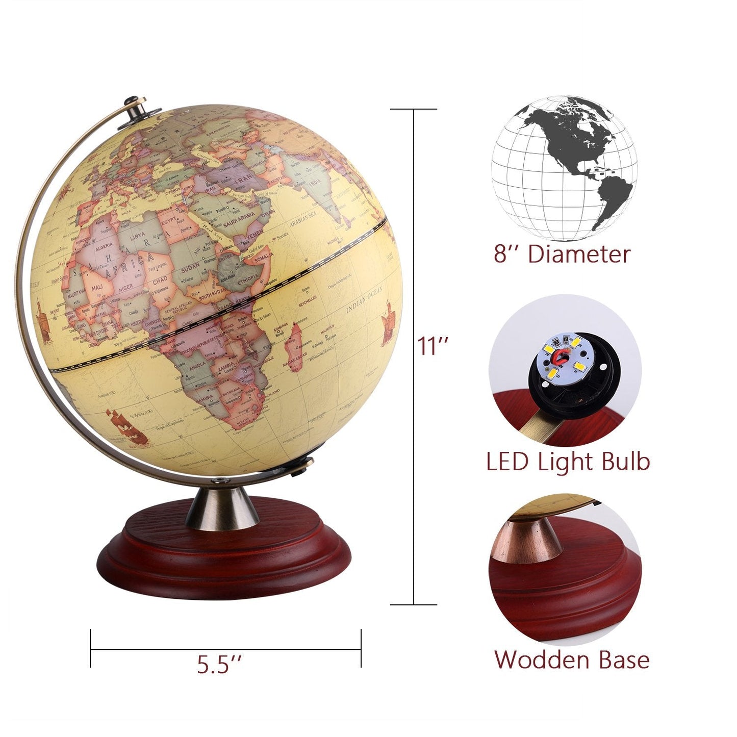TTKTK Illuminated World Globe with Wooden Stand | 8-Inch LED Desk Globe